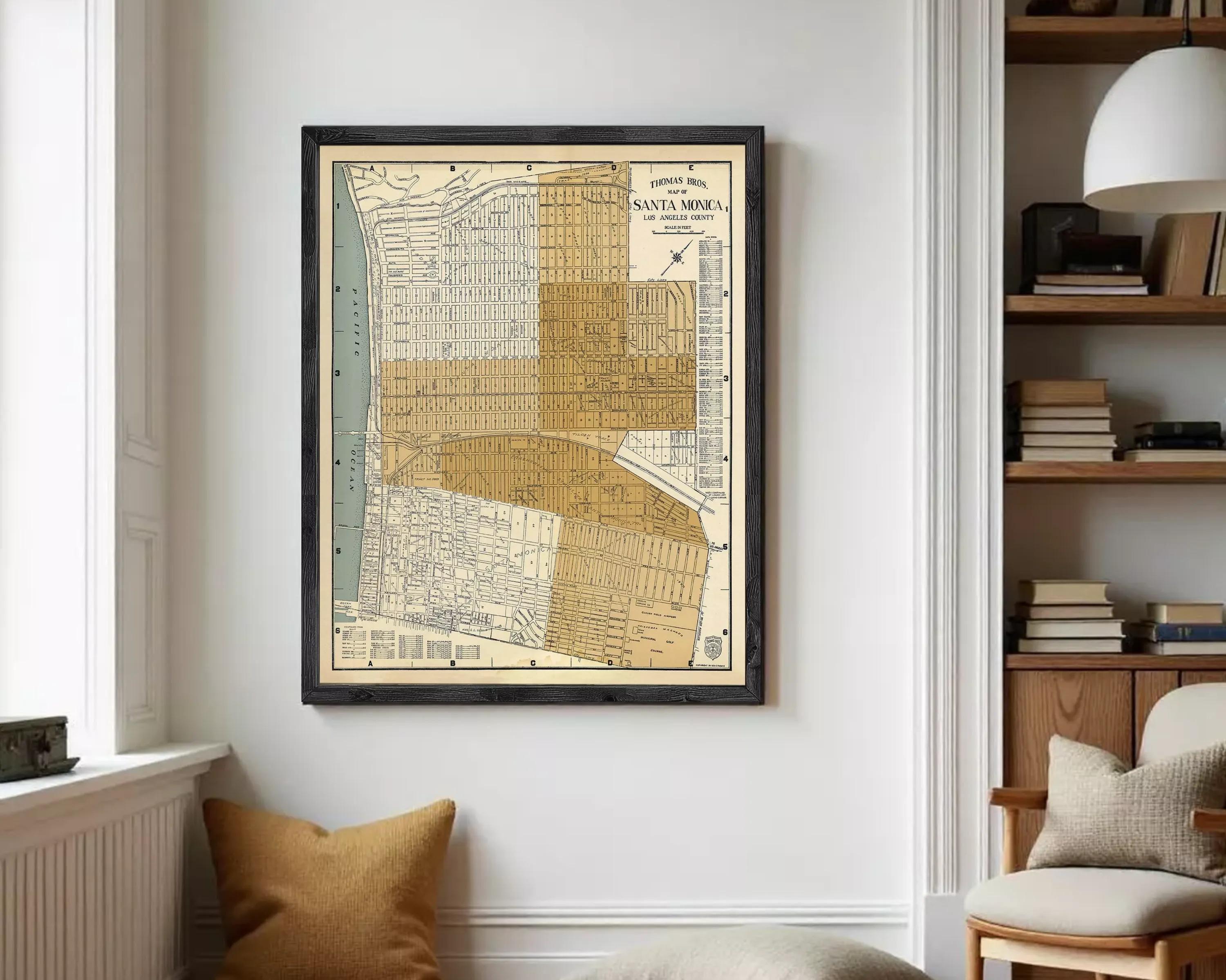 A framed map of Santa Monica, Los Angeles County, California, depicting the city's layout and surrounding areas.