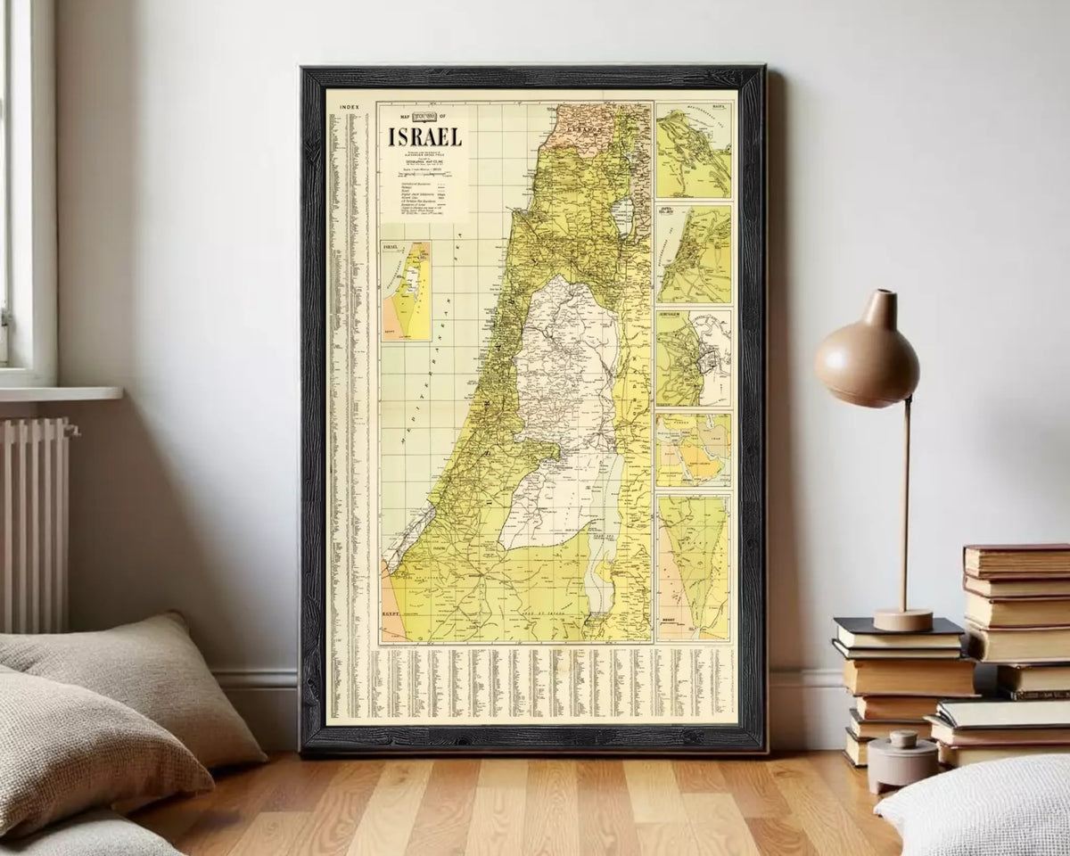 The image is a framed vintage map of Israel, depicting the country's geographical layout and boundaries.