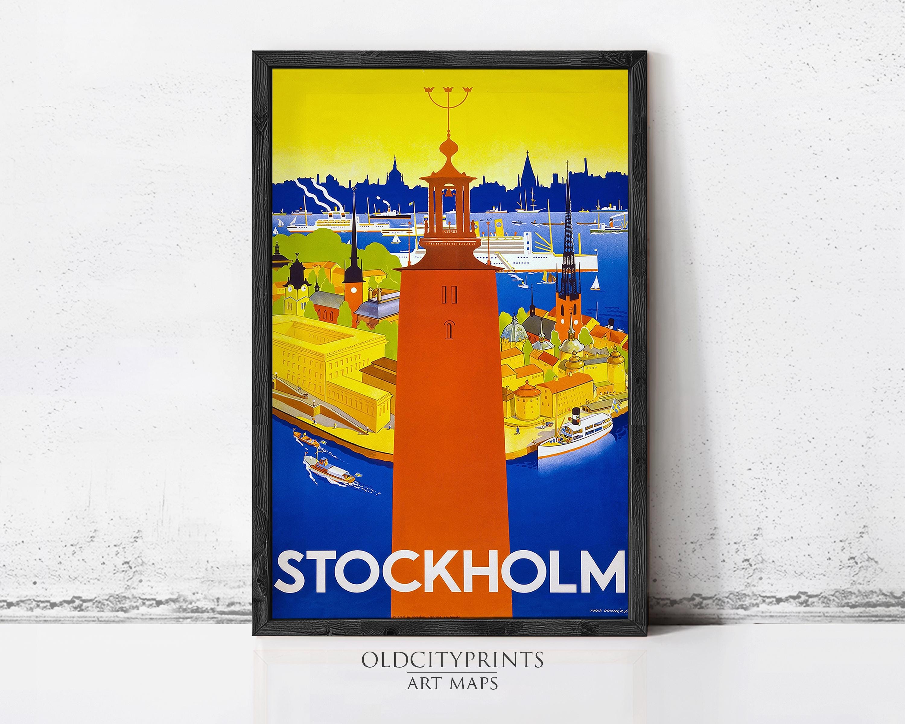 A framed vintage poster depicting the city of Stockholm, Sweden, with a colorful and stylized illustration of the cityscape, harbor, and boats.