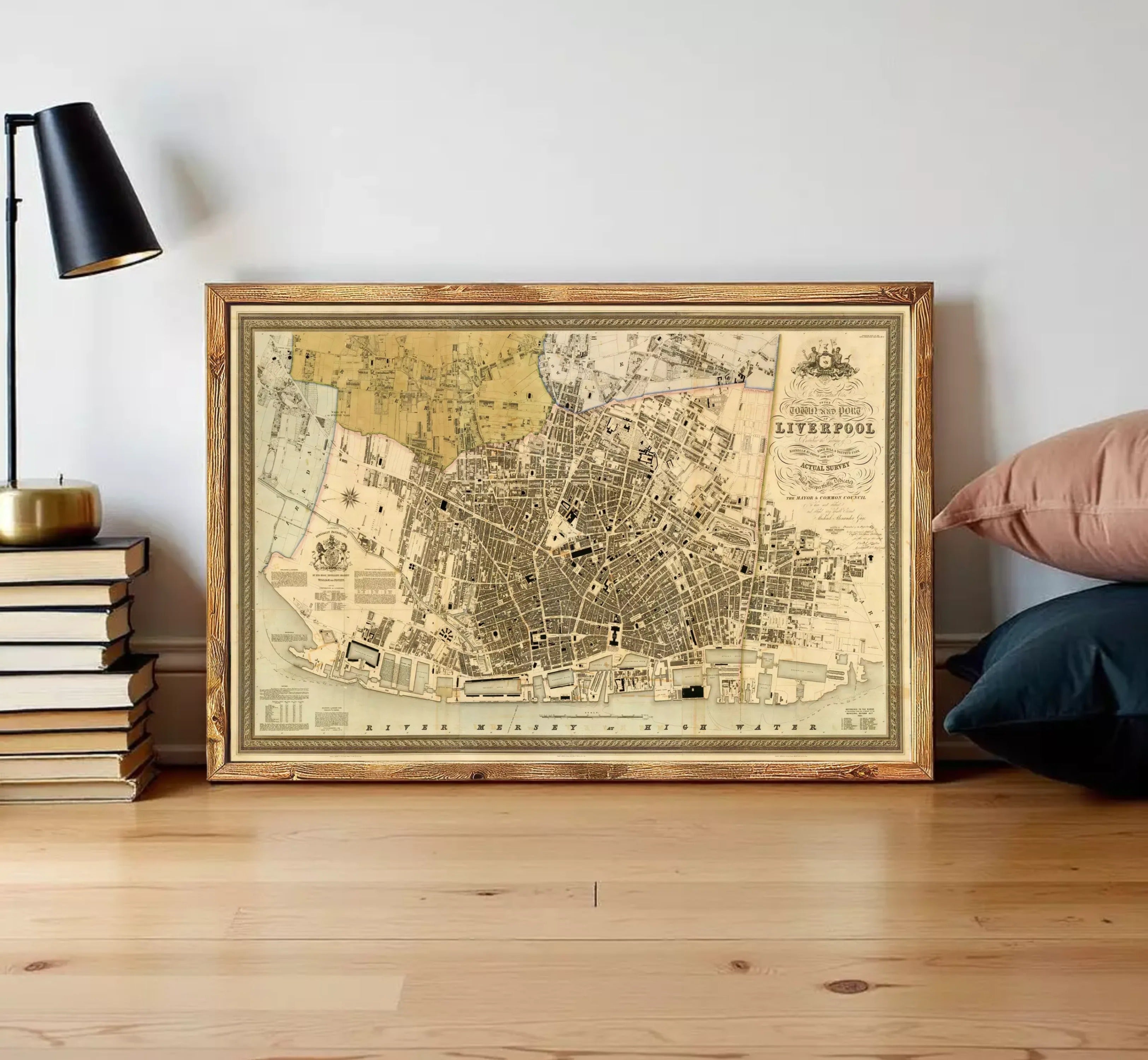 The image is a framed vintage map of Liverpool, England, depicting the city's layout and surrounding areas.