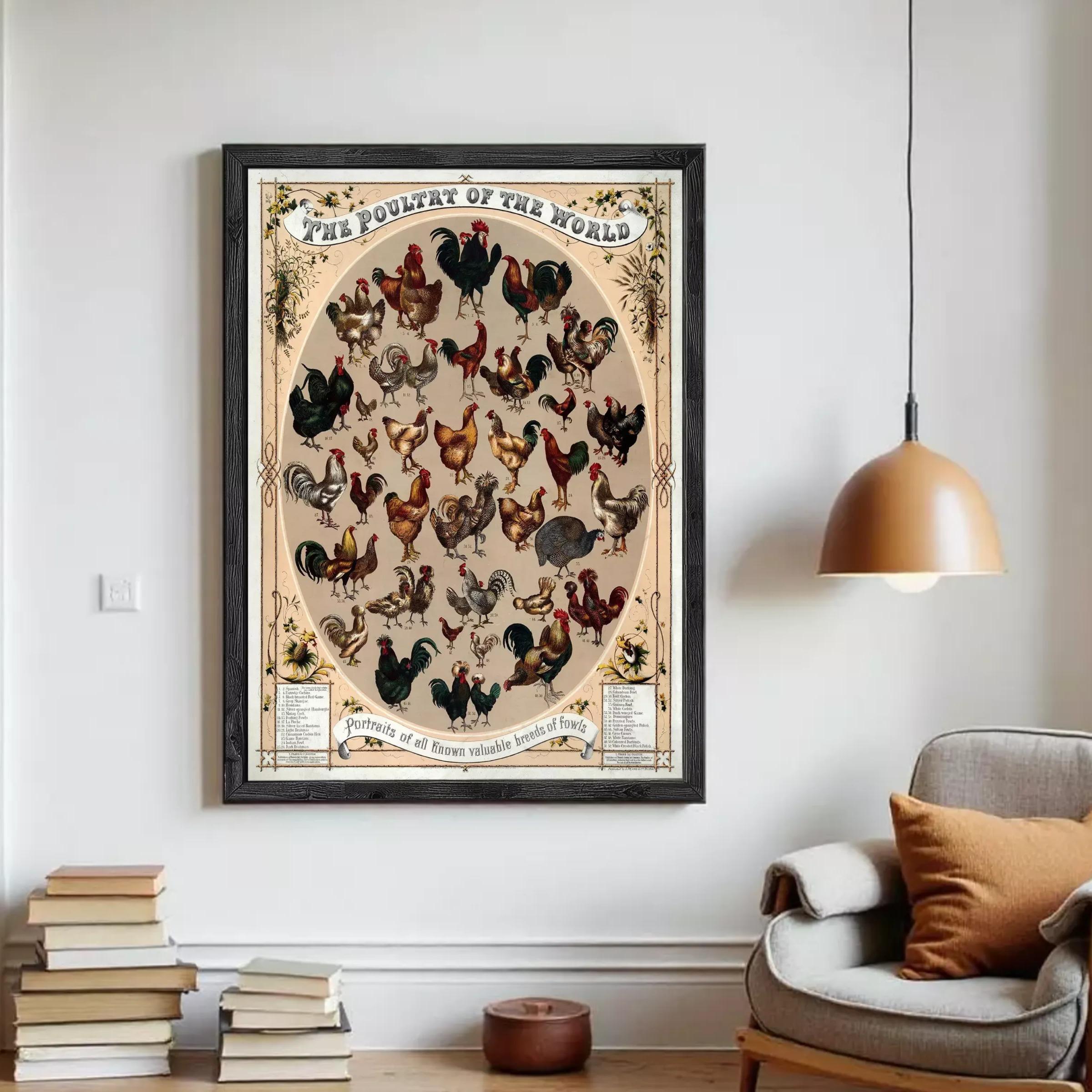 The image is a framed poster depicting various types of chickens, including roosters, hens, and turkeys, arranged in a circular pattern.