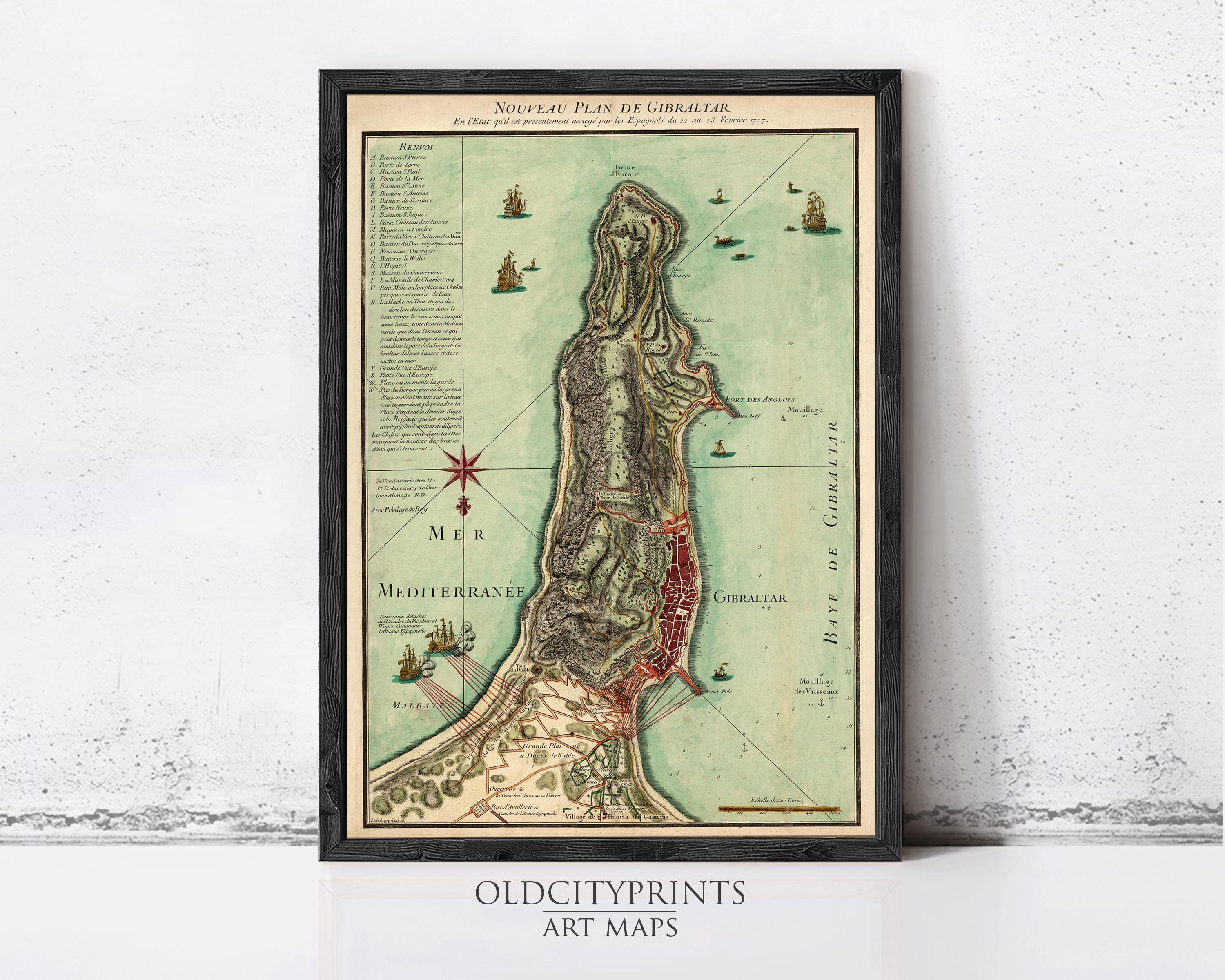 The image is a framed vintage map of the island of Gibraltar, depicting the island's geographical layout and surrounding areas.