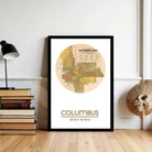 A framed map of Columbus, Ohio, with the city's name and location prominently displayed.