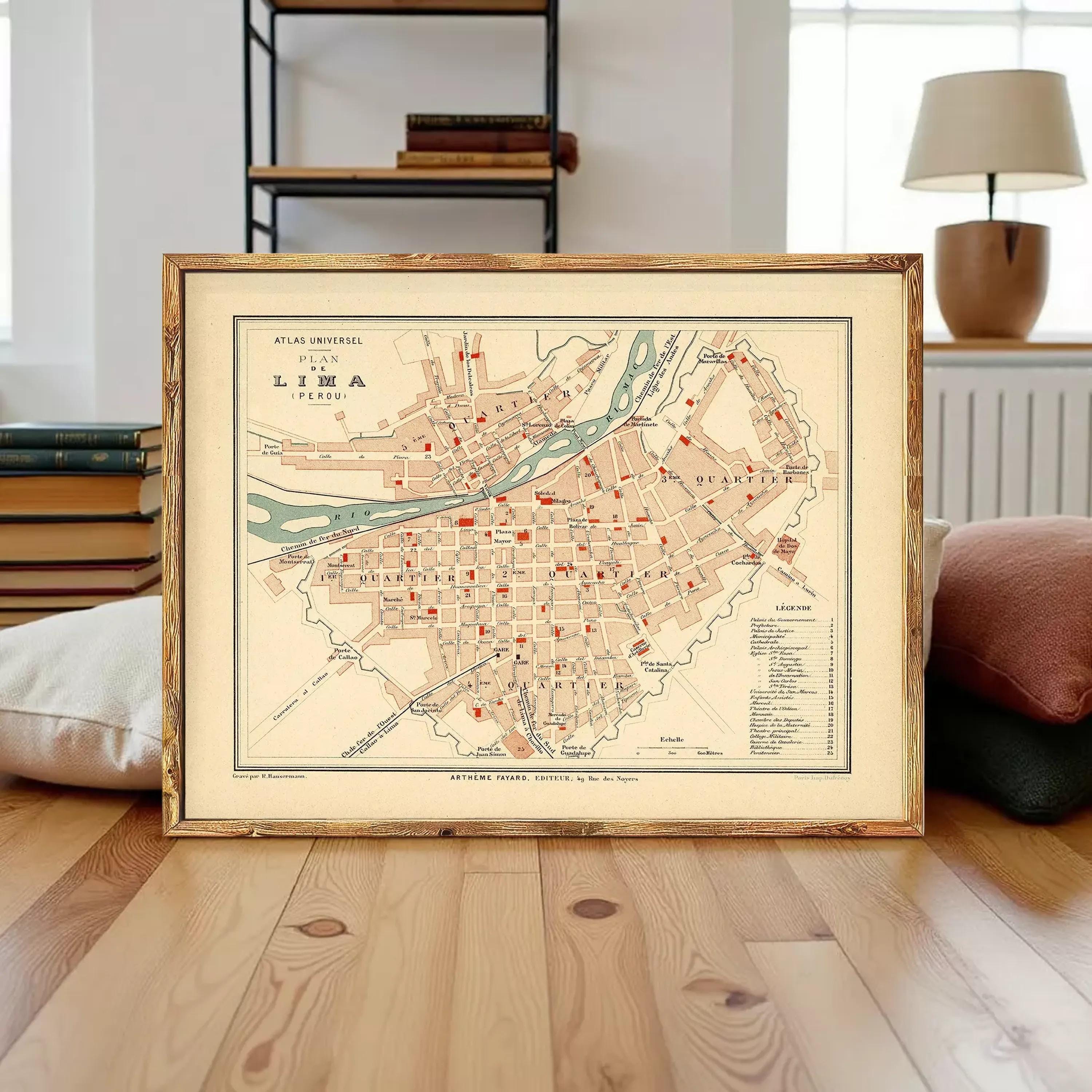 The image is a framed vintage map of Lima, Peru, depicting the city's layout and surrounding areas.