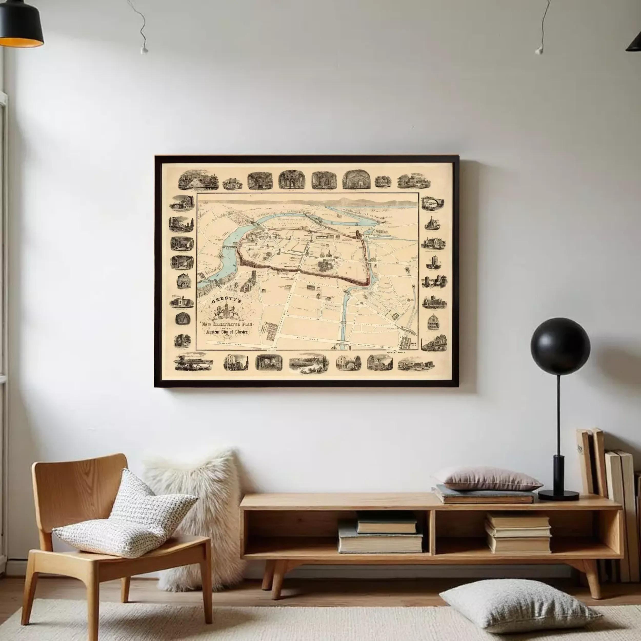 The image is a framed vintage map of a city, featuring various landmarks and streets.