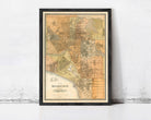 The image is a framed vintage map of Melbourne, Australia, depicting the city's layout and surrounding areas.