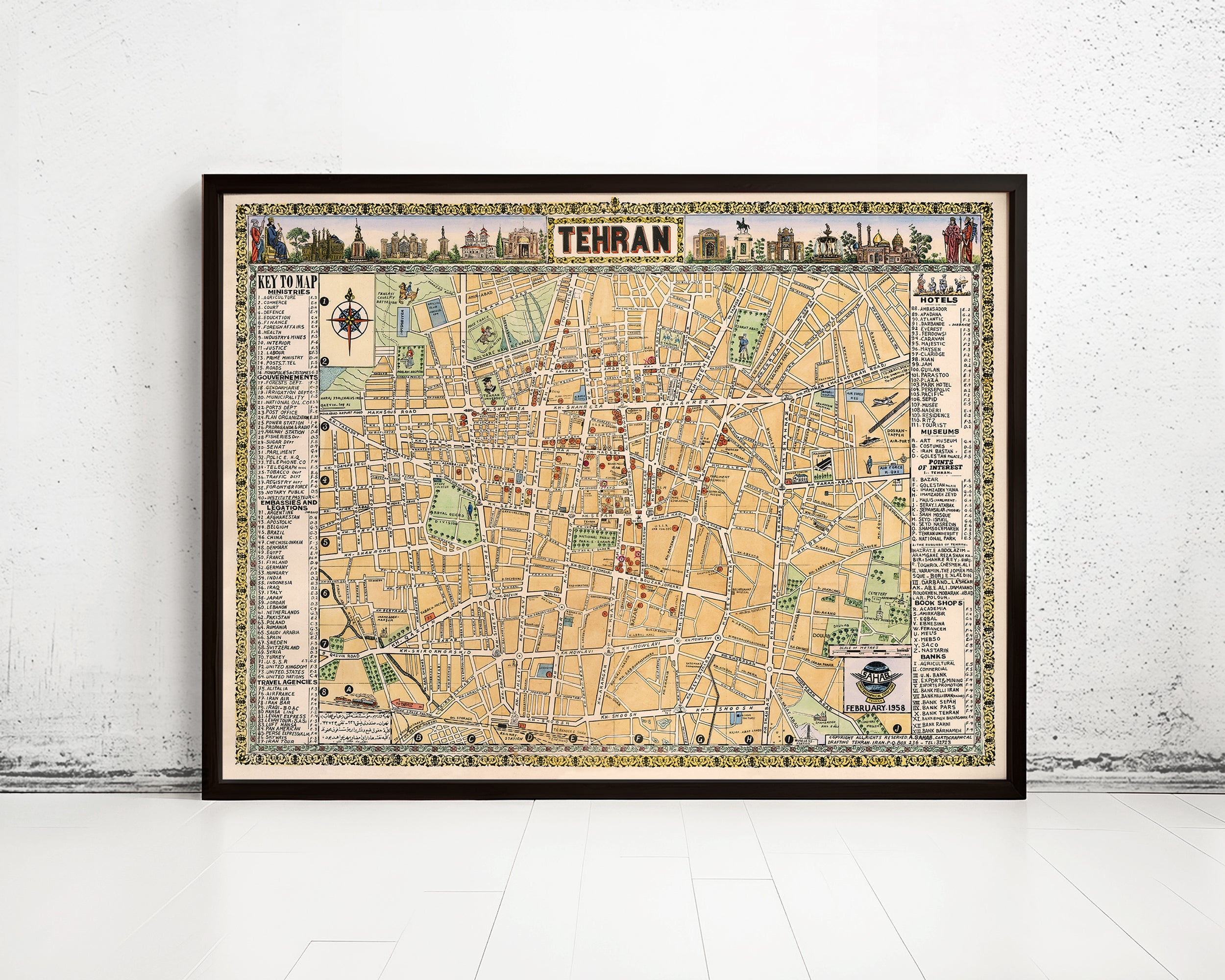 The image is a framed vintage map of Tehran, Iran, depicting the city's streets and landmarks.