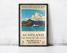 The image is a framed vintage travel poster advertising a train service from the Stormy Mount leading to the Isles, including destinations in New York, Chicago, Los Angeles, and Toronto.