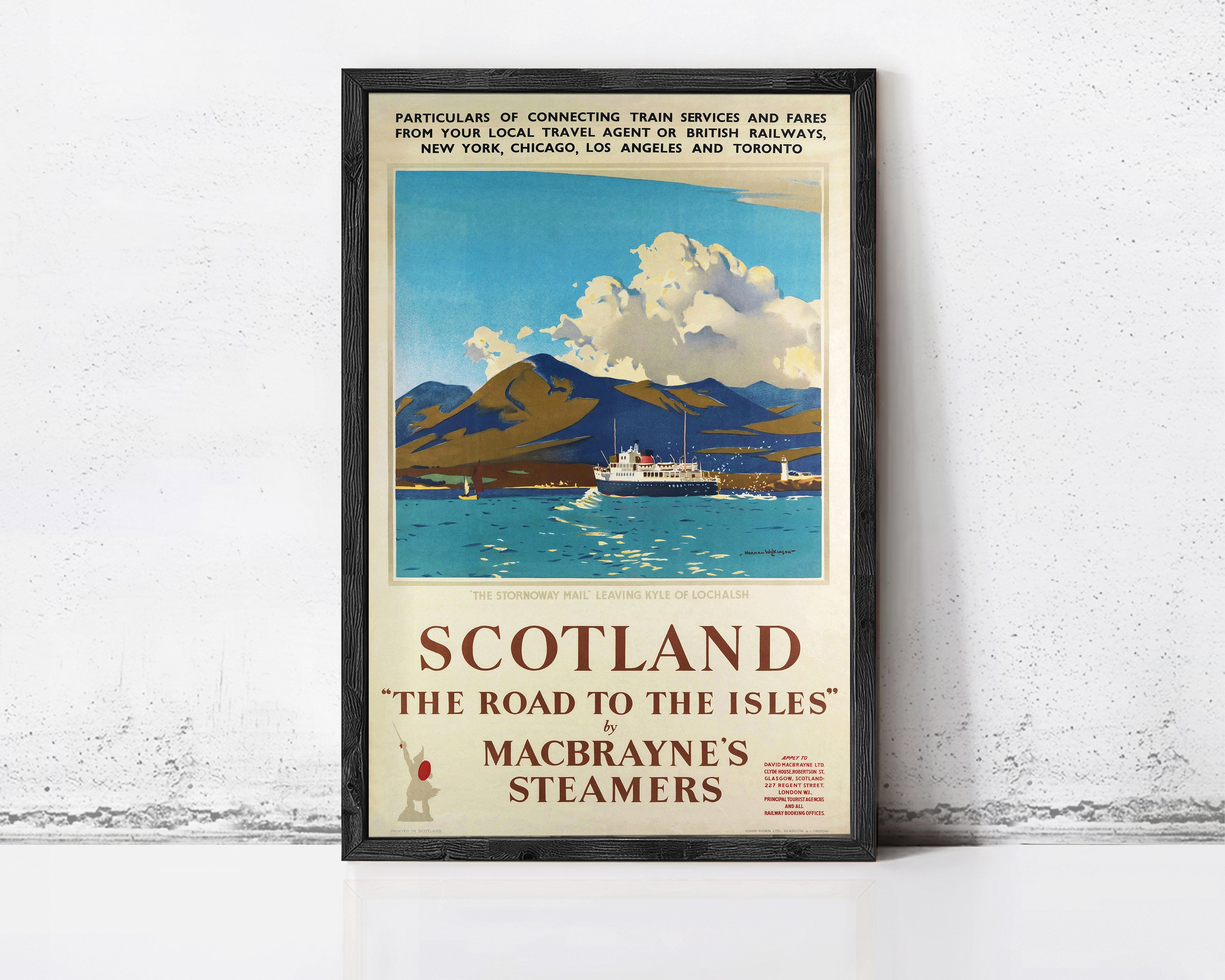 The image is a framed vintage travel poster advertising a train service from the Stormy Mount leading to the Isles, including destinations in New York, Chicago, Los Angeles, and Toronto.