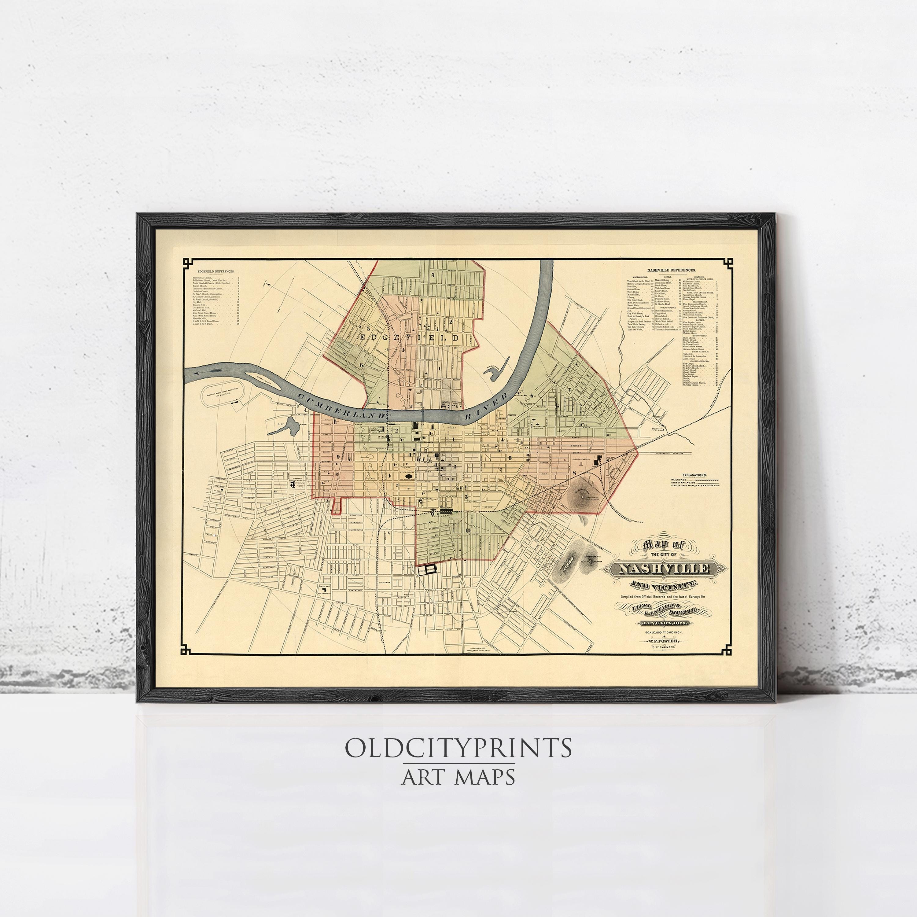 The image is a framed vintage map of Nashville, Tennessee, depicting the city's streets and neighborhoods.