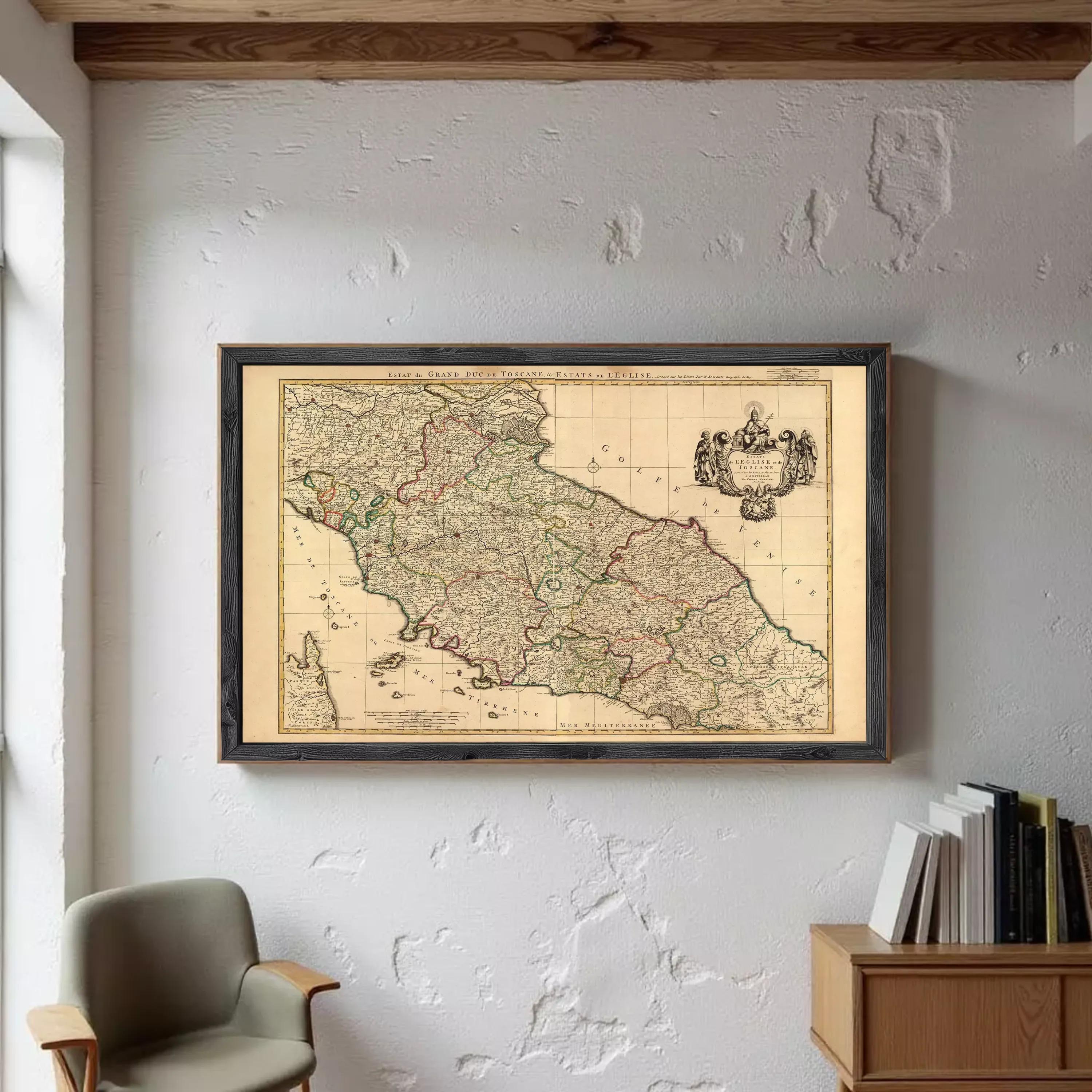 The image is a framed antique map of Italy, depicting the country's geographical layout and boundaries.