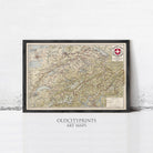 The image is a framed art map of Switzerland, featuring detailed geographical information and a Swiss flag symbol.