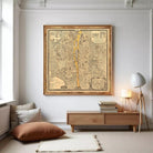 The image is a framed vintage map of a city, depicting a detailed layout of streets, buildings, and other urban features.