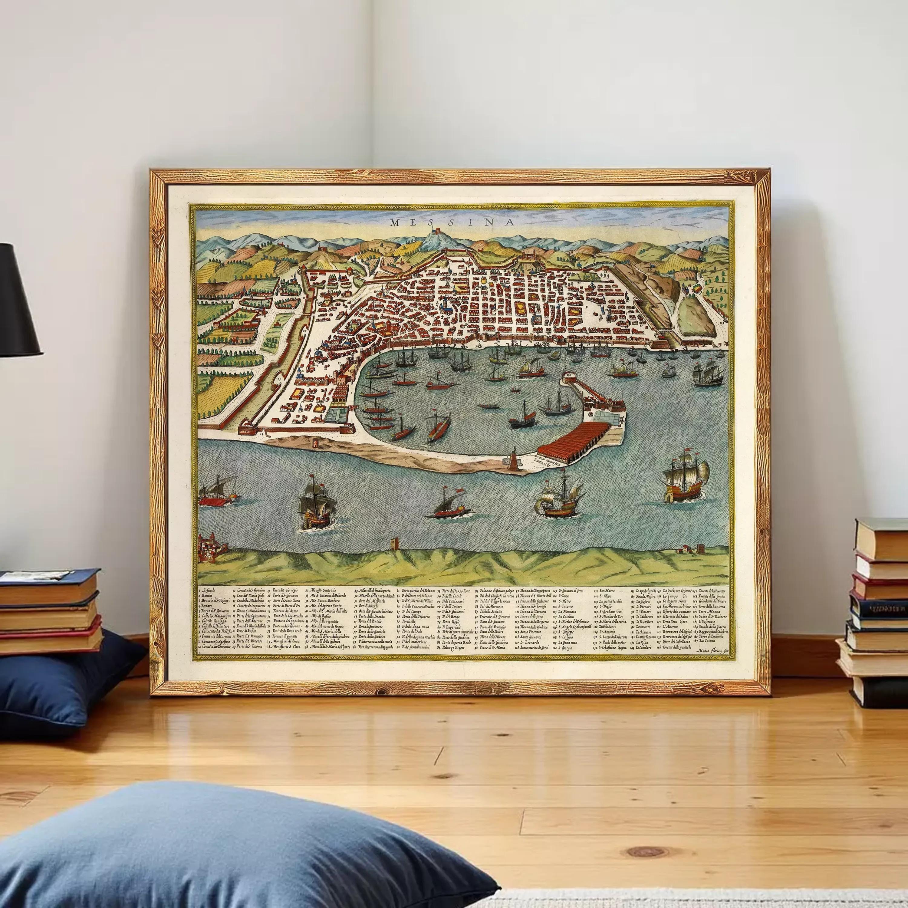 The image is a framed painting depicting a cityscape with boats and ships in the harbor.