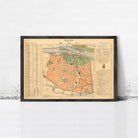 The image is a framed vintage map of a city, likely Paris, with various streets, landmarks, and a legend.