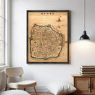 The image is a framed map of a city, likely from an ancient or historical period, with various landmarks and streets depicted.