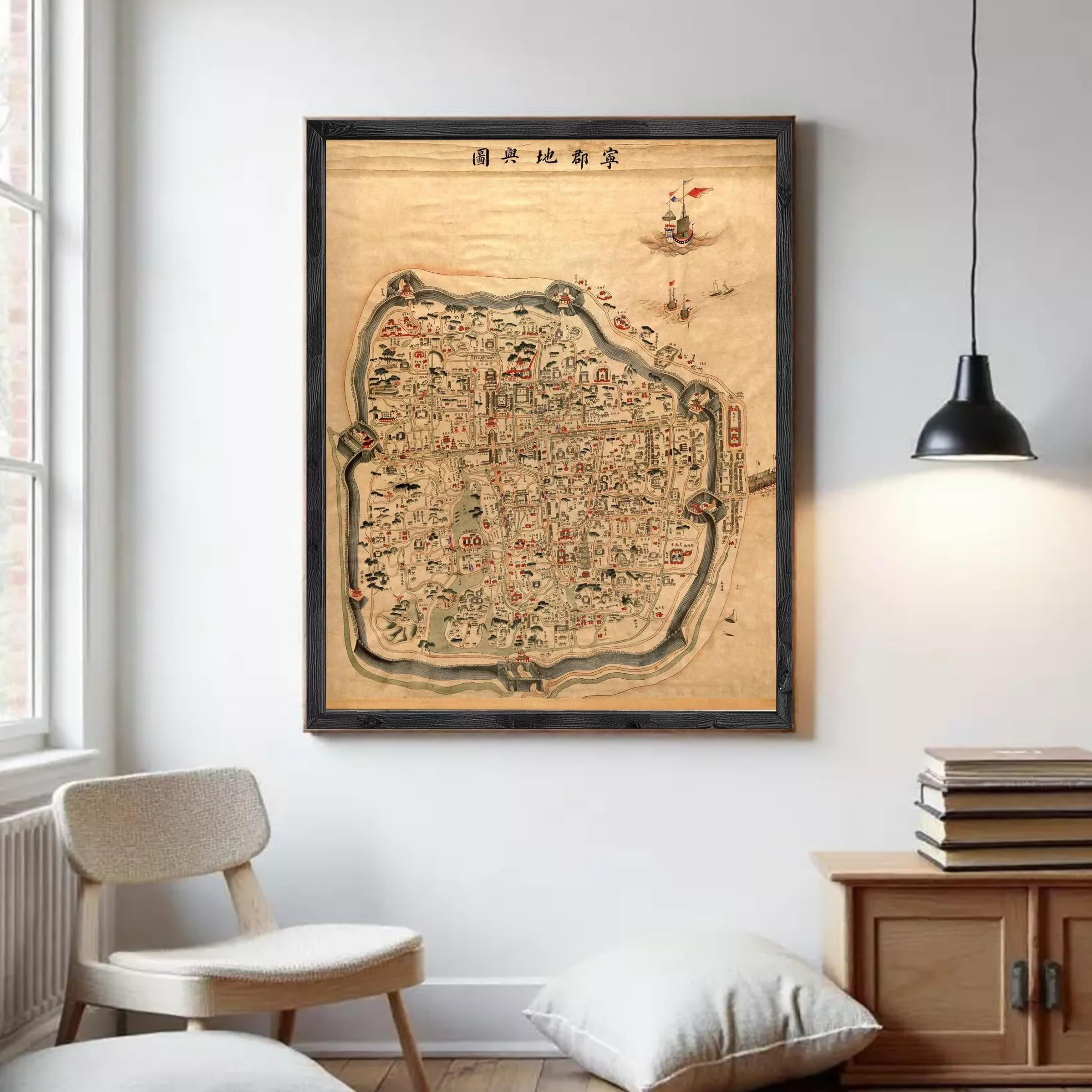 The image is a framed map of a city, likely from an ancient or historical period, with various landmarks and streets depicted.