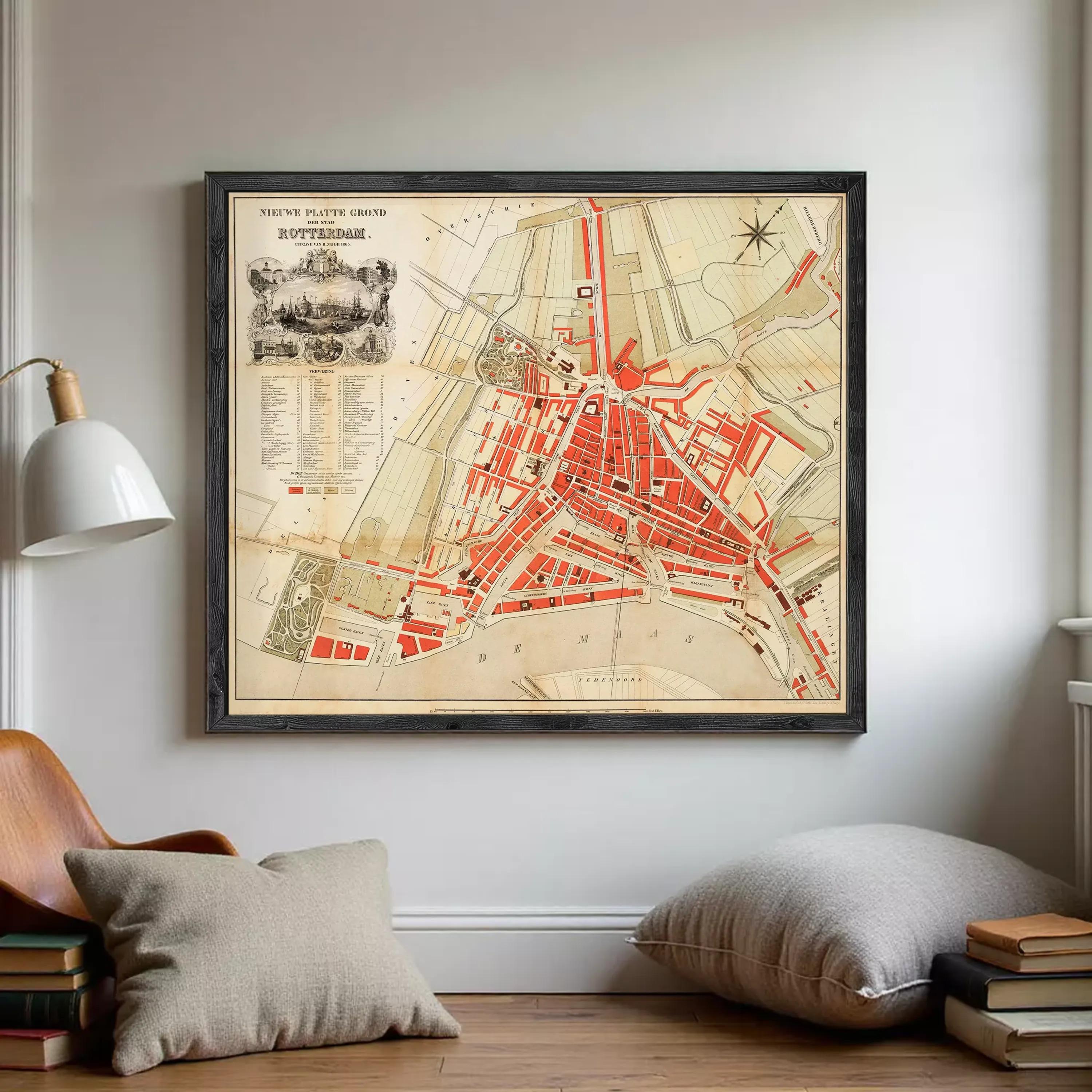 The image is a framed vintage map of the city of Rotterdam, Netherlands, depicting the city's layout and surrounding areas.
