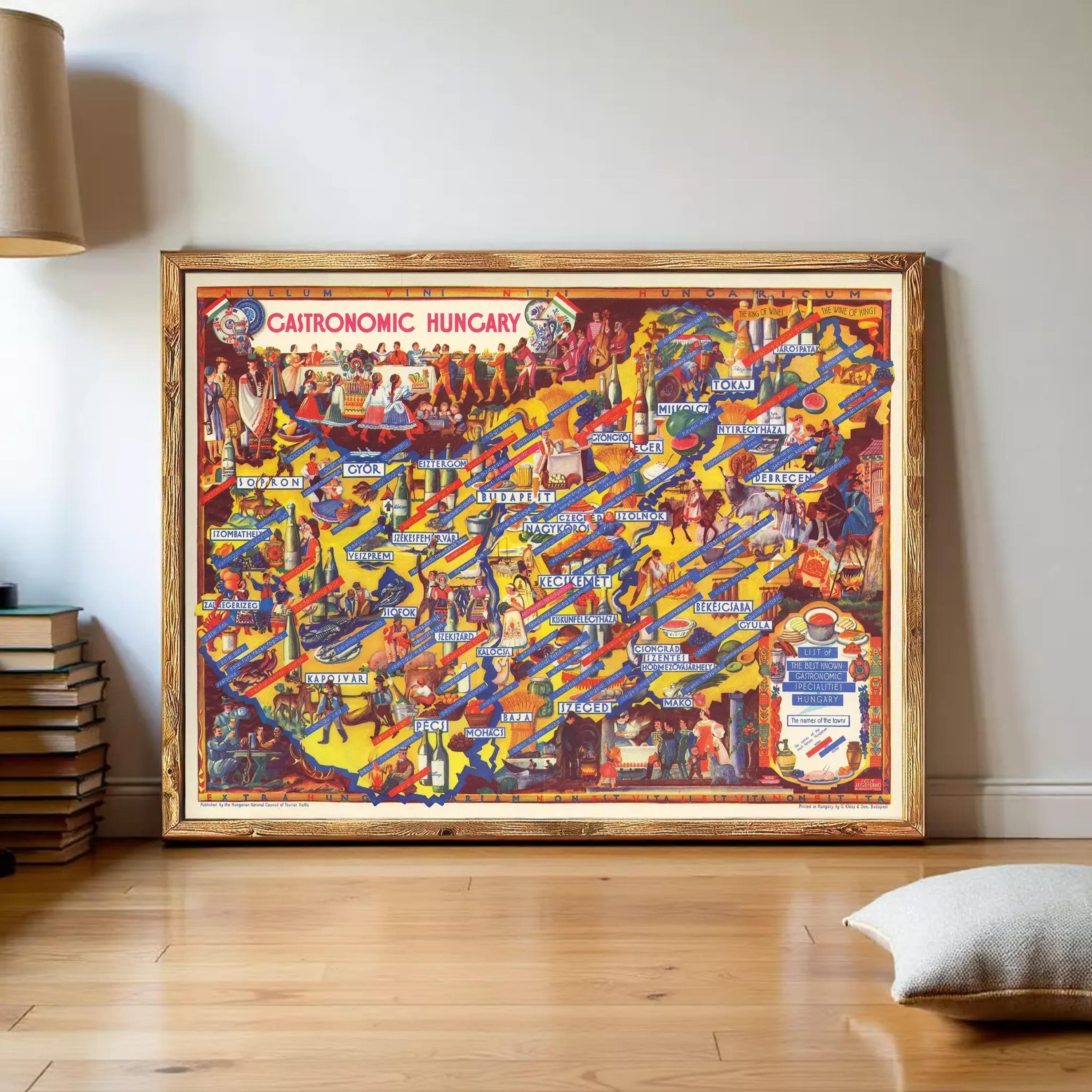 The image is a colorful and detailed map of the gastronomic region of Hungary, with various food items and culinary elements depicted in a collage-like arrangement.