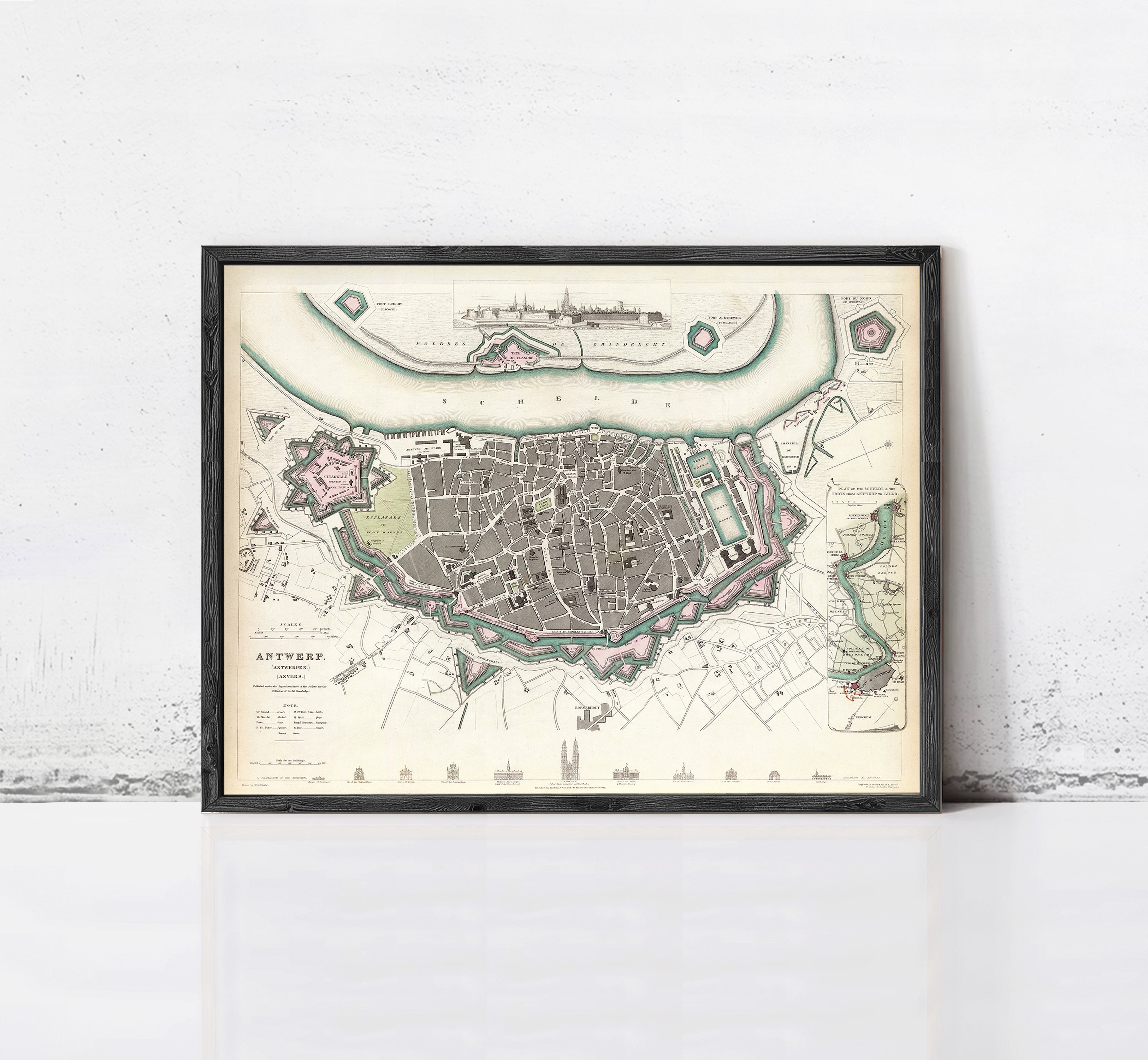 The image is a framed historical map of Antwerp, Belgium, depicting the city's layout and surrounding areas.