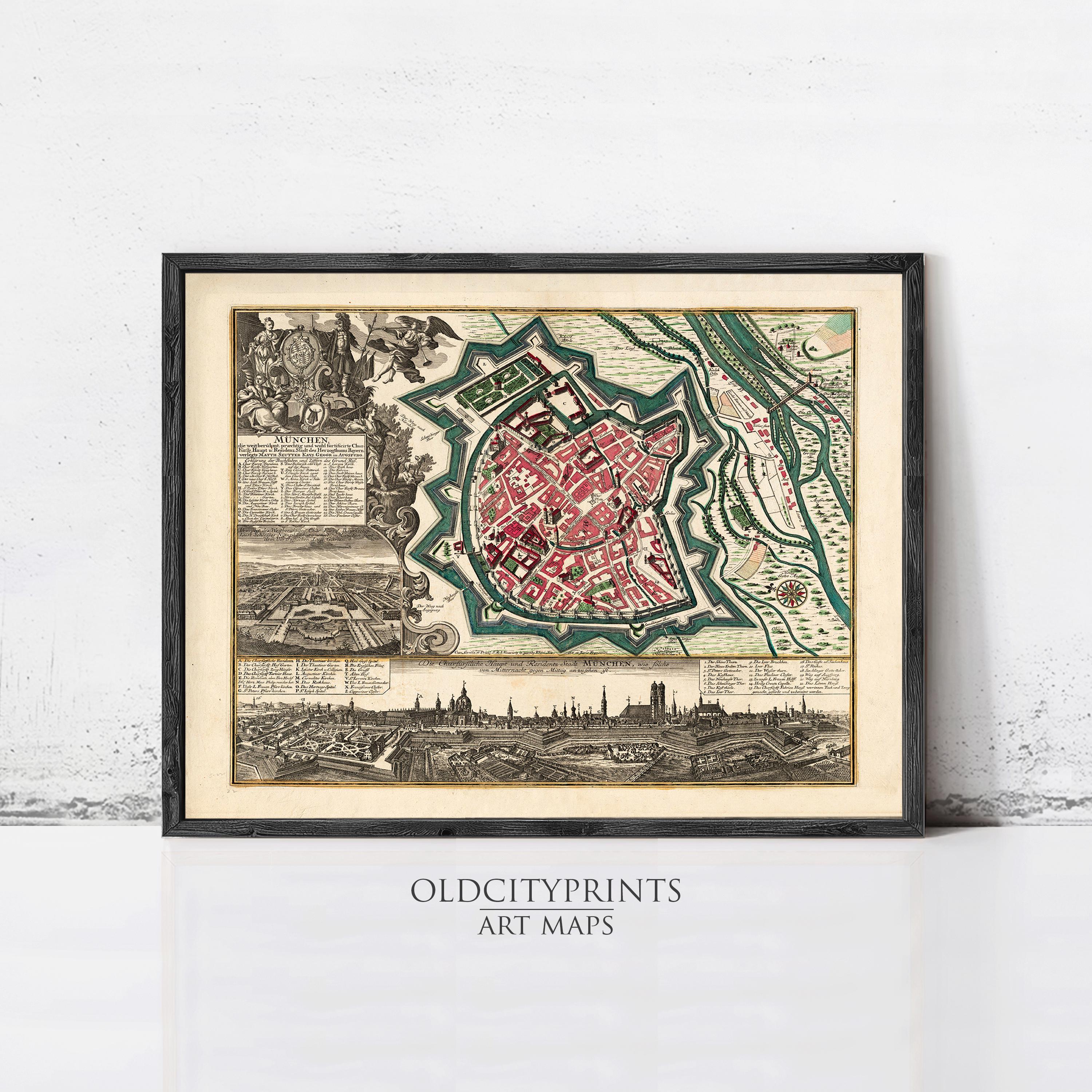 The image is a framed art print depicting a detailed map of a city, with various landmarks and streets visible.