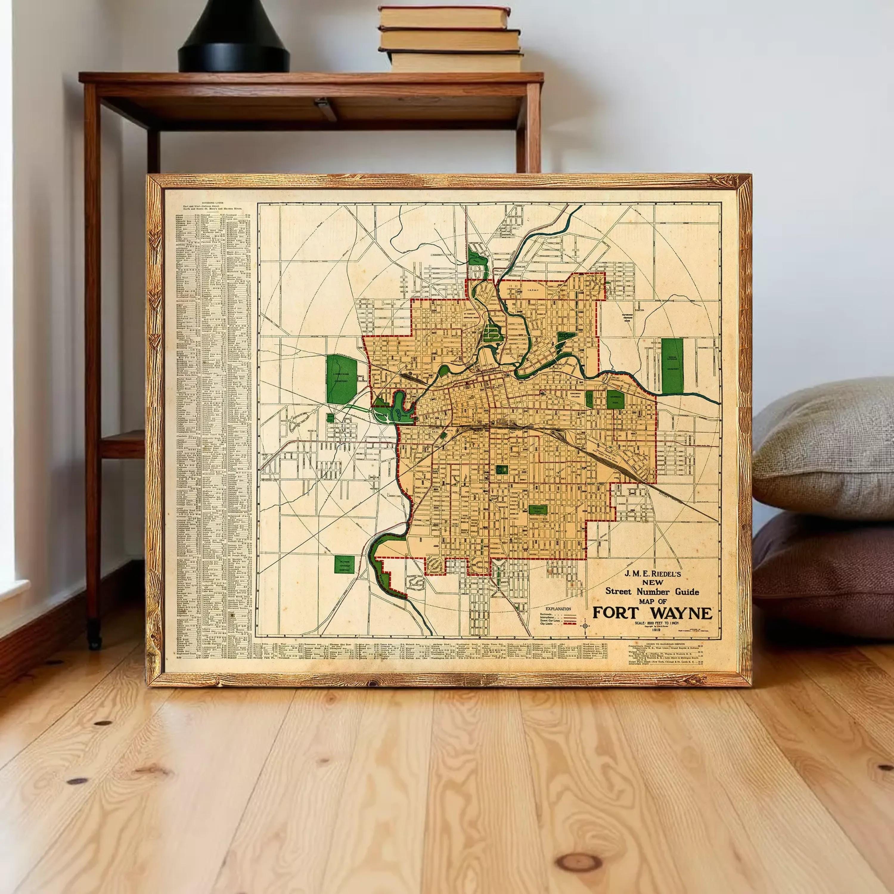 The image is a framed map of Fort Wayne, a city in Indiana, USA.
