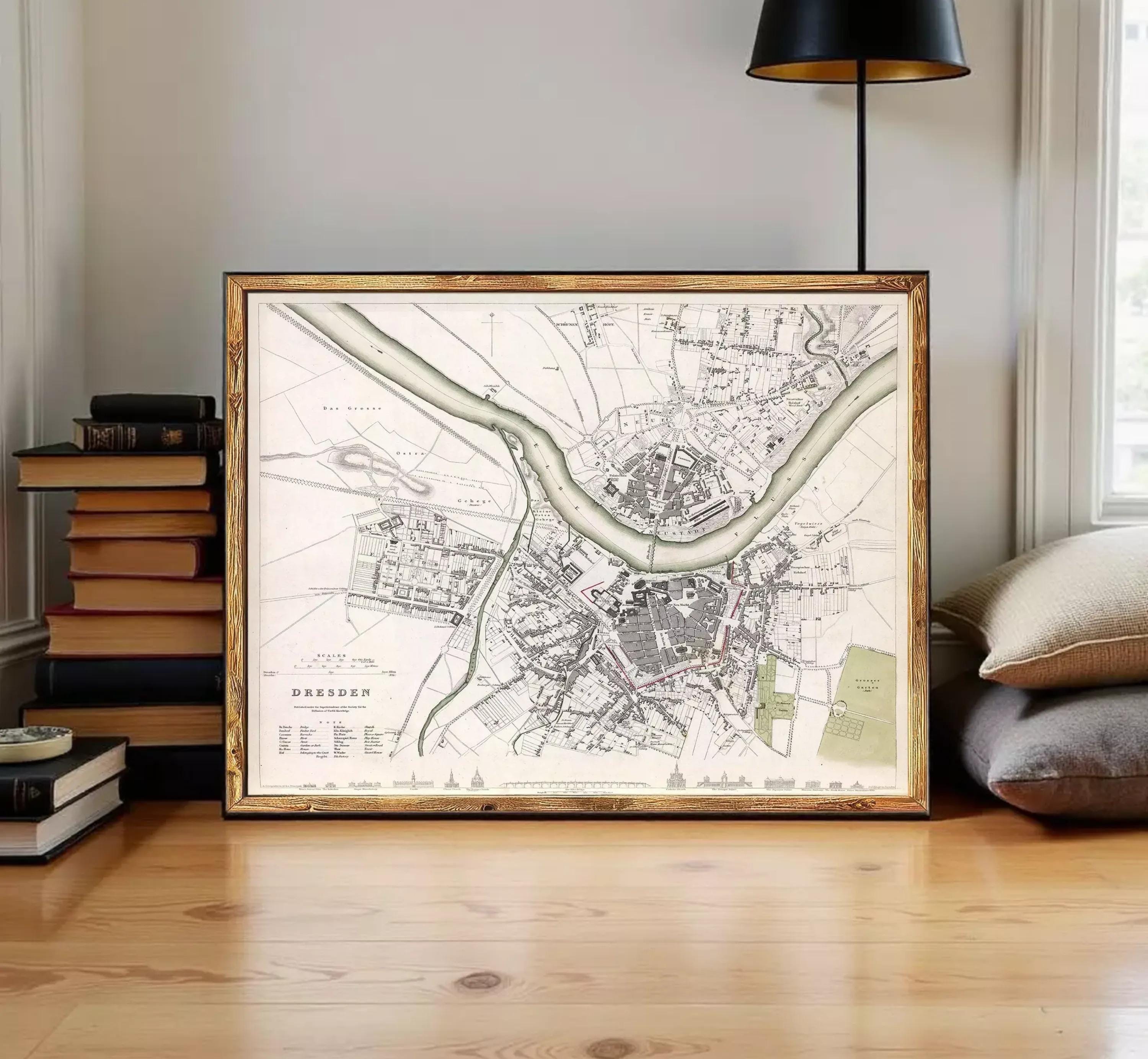 The image is a framed map of Dresden, Germany, depicting the city's layout and surrounding areas.