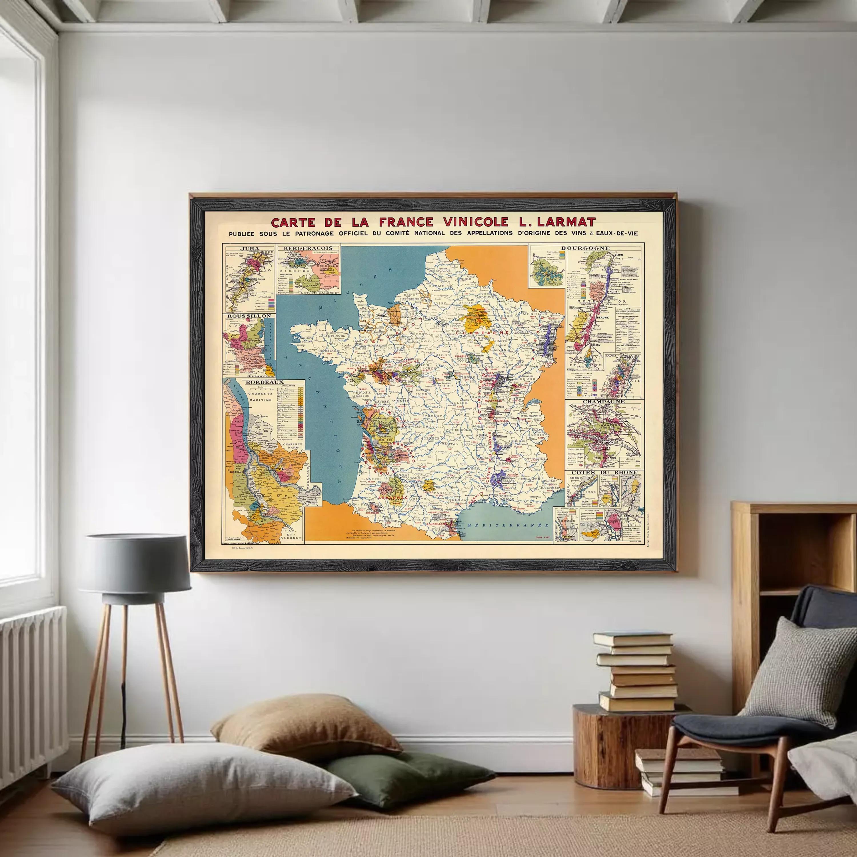 The image is a framed vintage map of France, depicting various regions and their geographical features.