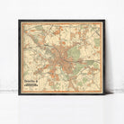 The image is a framed vintage map of the city of Hannover, Germany, depicting the city's streets, landmarks, and surrounding areas.