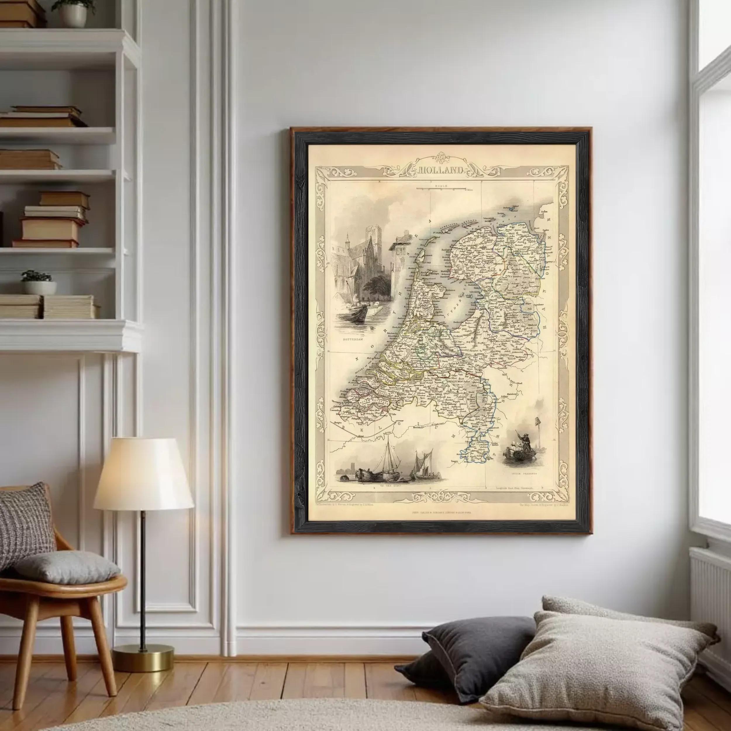 The image is a framed map of the Netherlands, depicting various landmarks and geographical features.