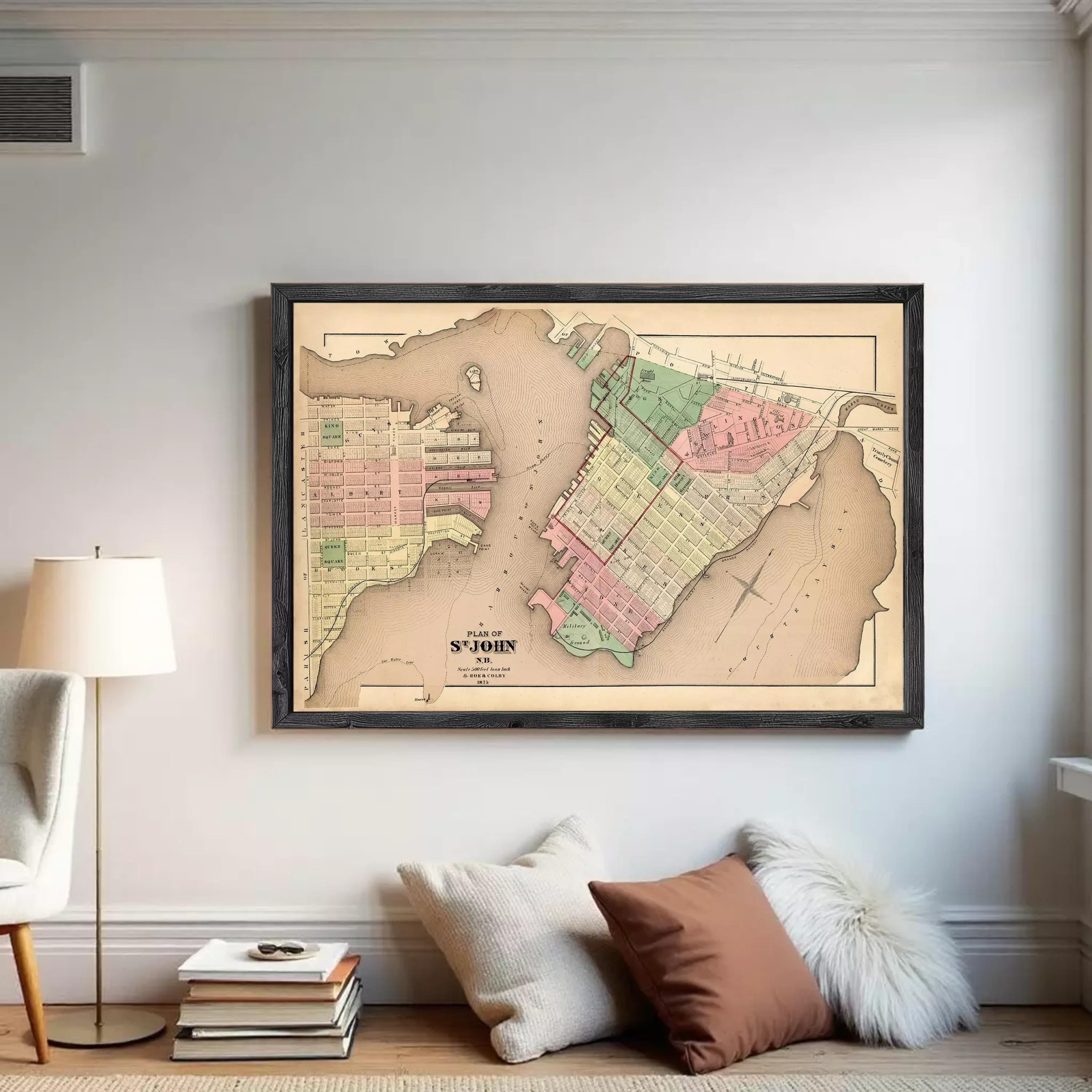 The image is a framed map of the city of St. John, New York, dated 1873.