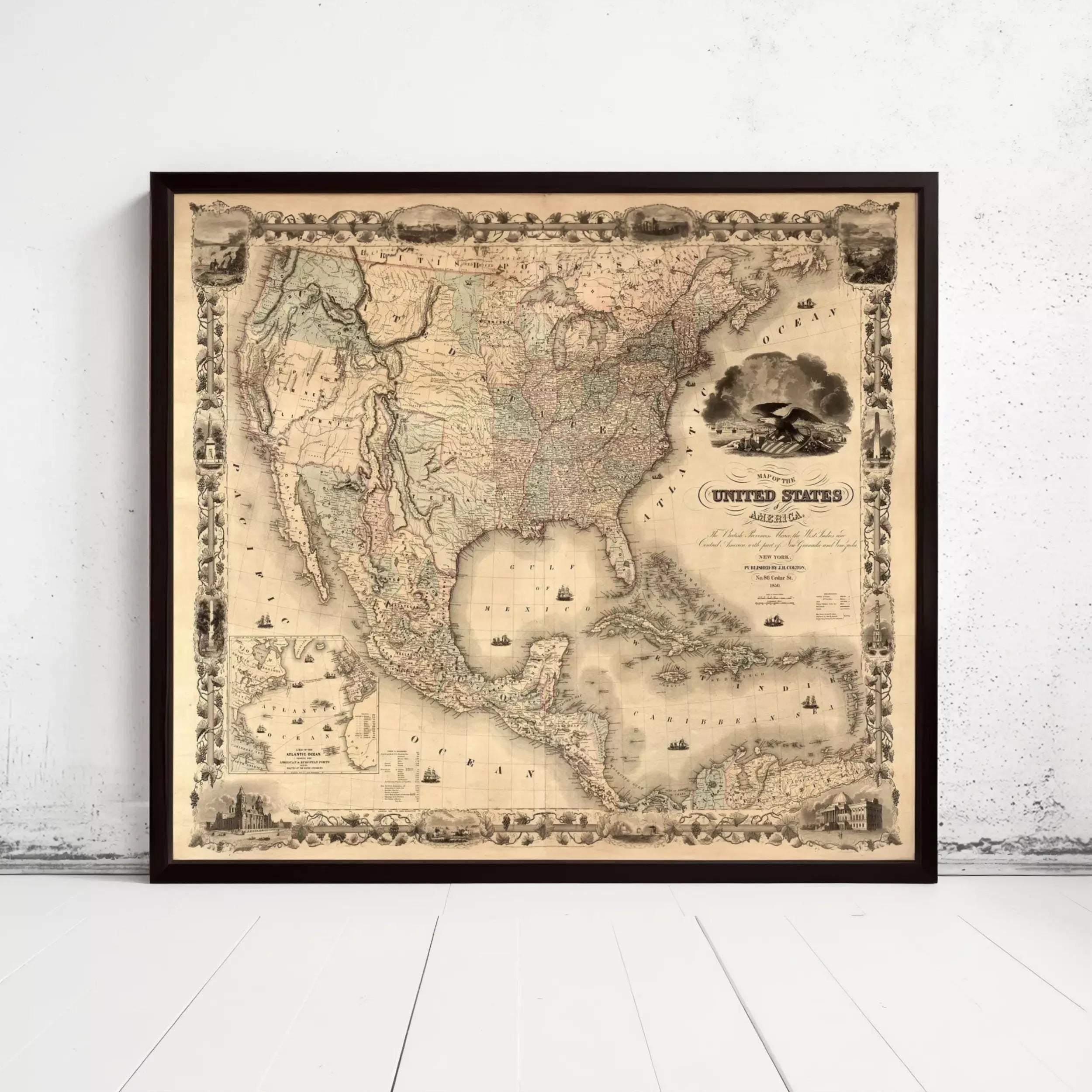 The image is a framed historical map of the United States, depicting the country's geographical layout and boundaries.