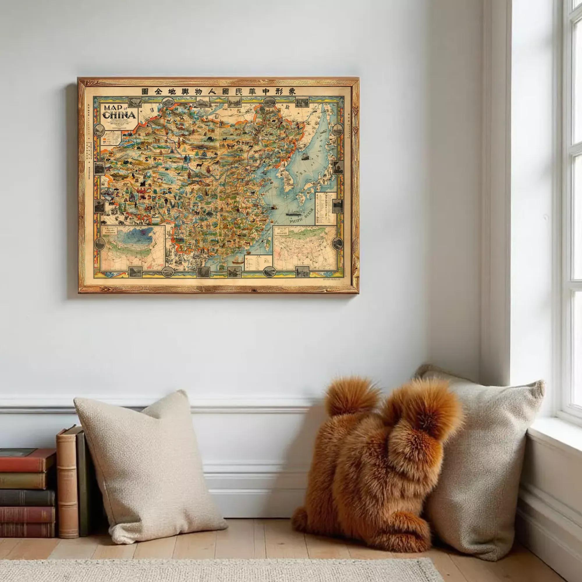 a framed map of China hanging on a wall, with a cozy corner with pillows and a stuffed animal nearby.