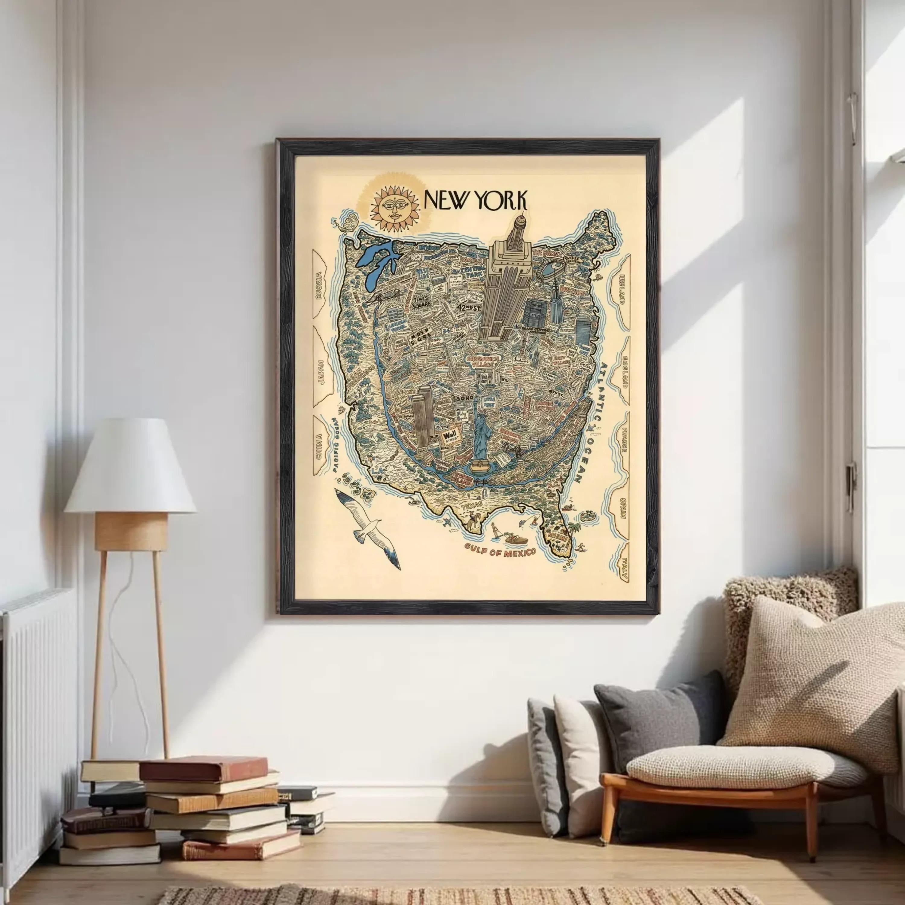 The image is a framed vintage map of New York, depicting various landmarks and locations within the city.