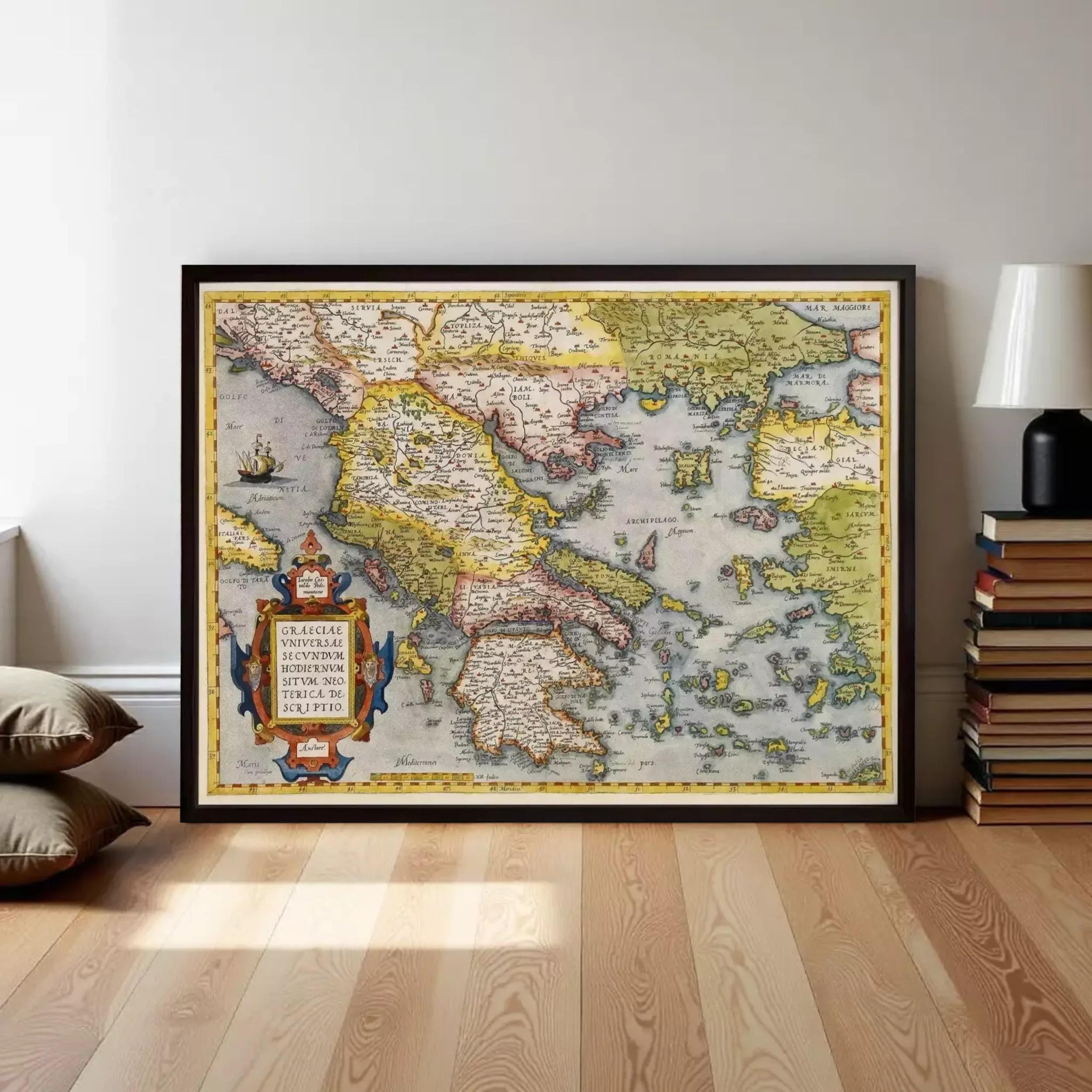 a large framed map of Europe and the surrounding areas, displayed on a wooden floor in a room with a lamp and bookshelf in the background.