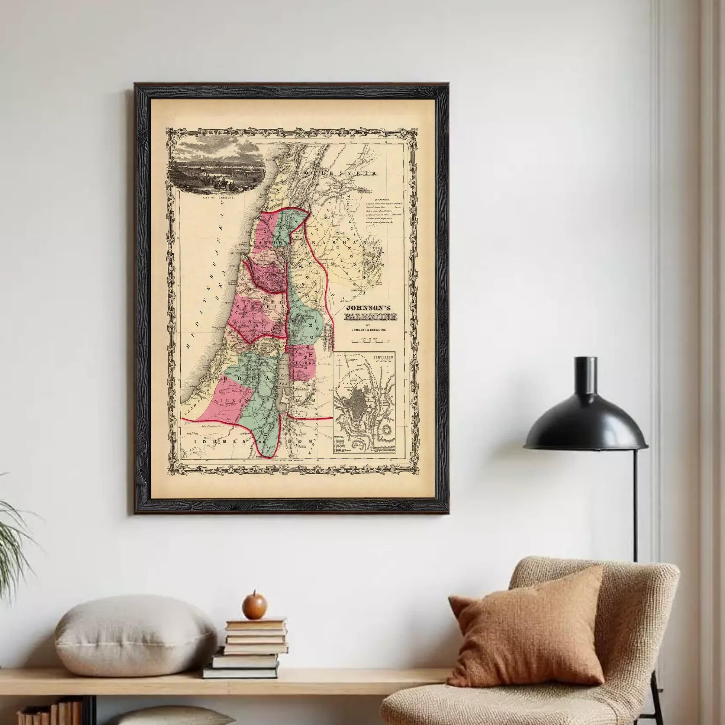 The image is a framed vintage map of the Middle East, depicting the countries and regions of the region.