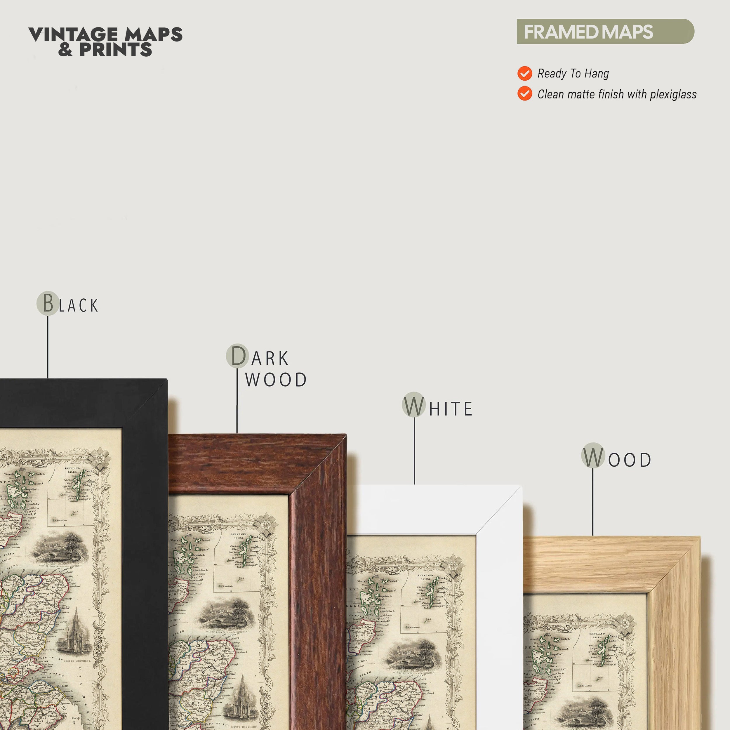 a collection of framed vintage maps and prints, each with a different frame color and style.