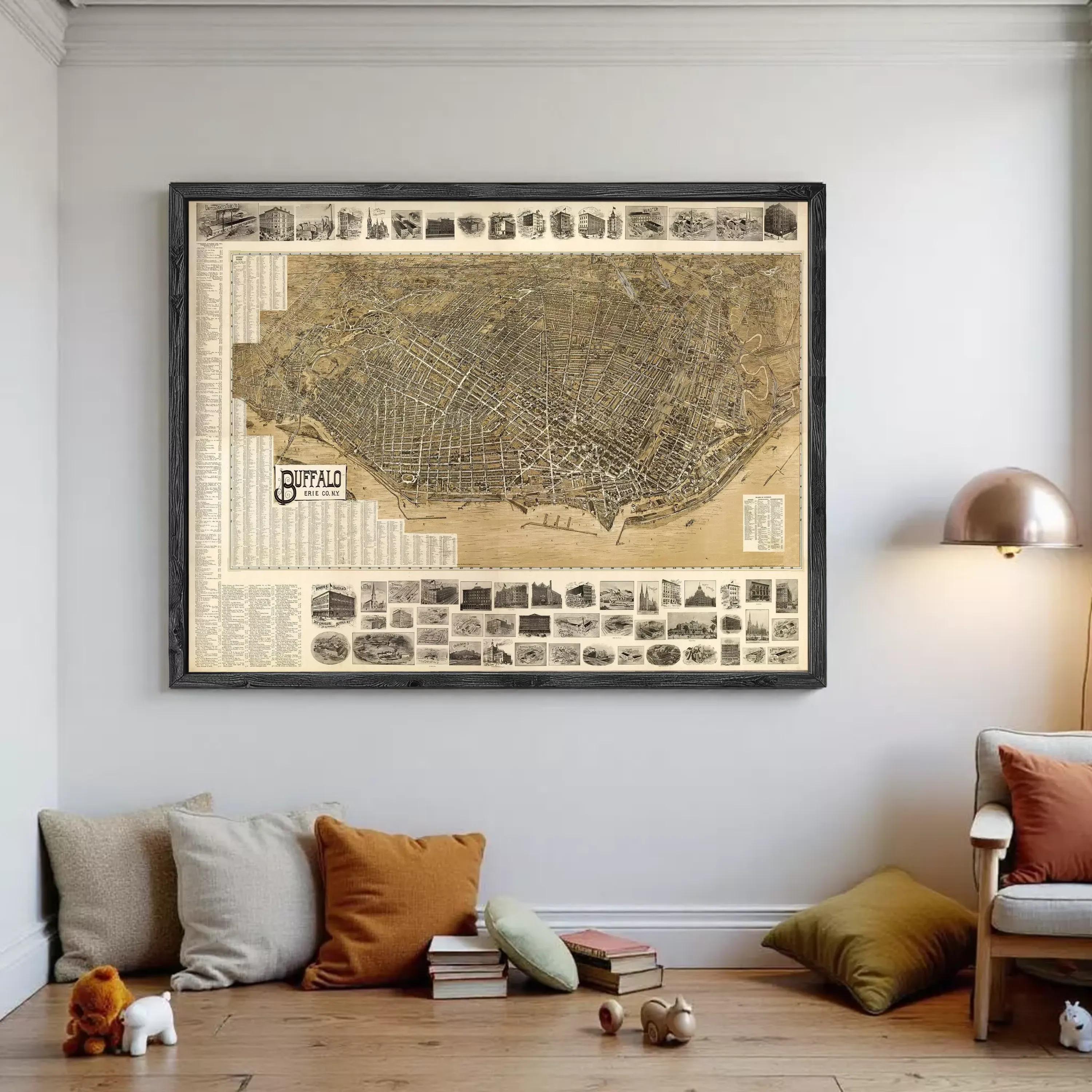 The image is a framed vintage map of Buffalo, New York, with various landmarks and streets labeled.