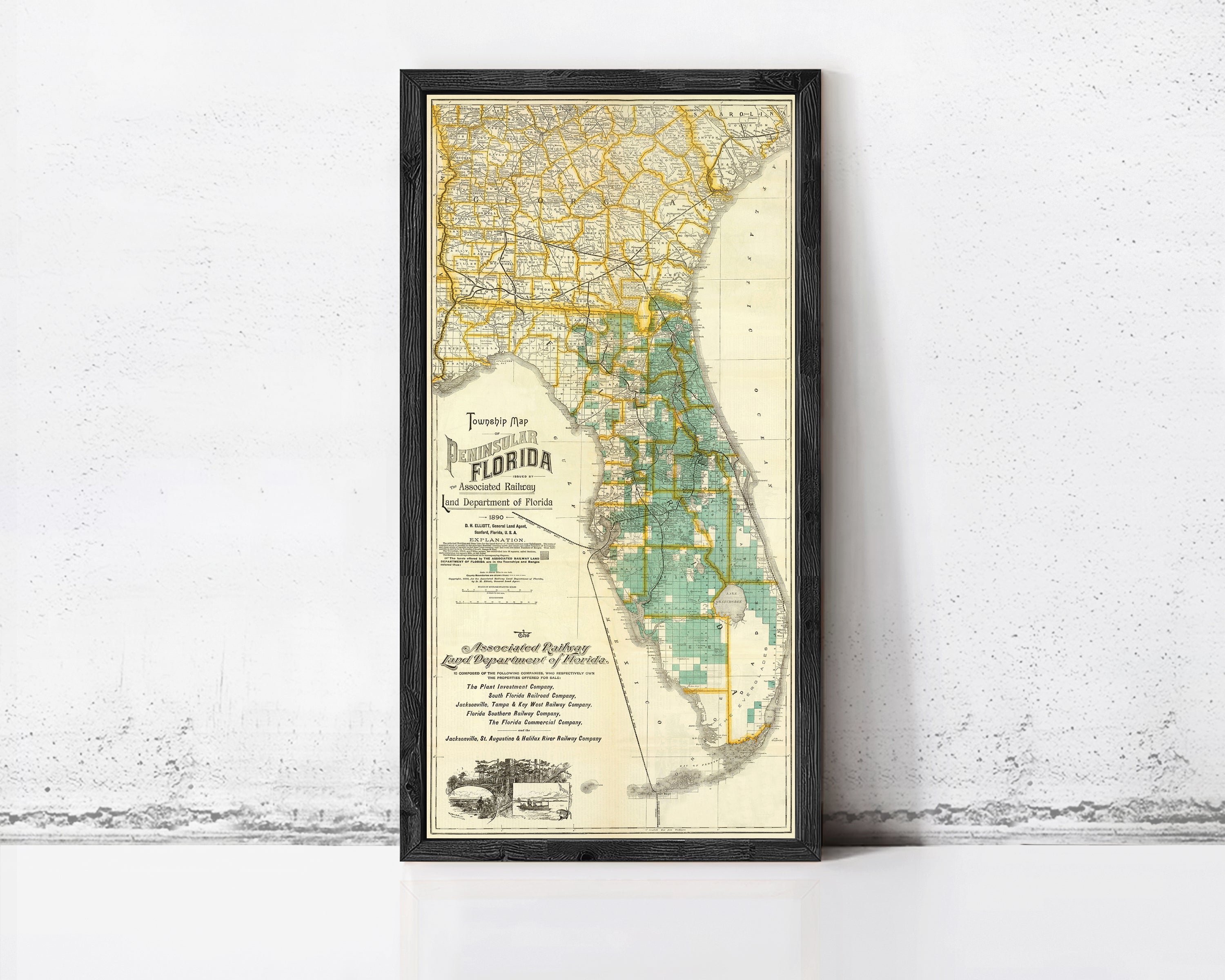 The image is a framed map of Florida, showing the state's geographical layout and boundaries.