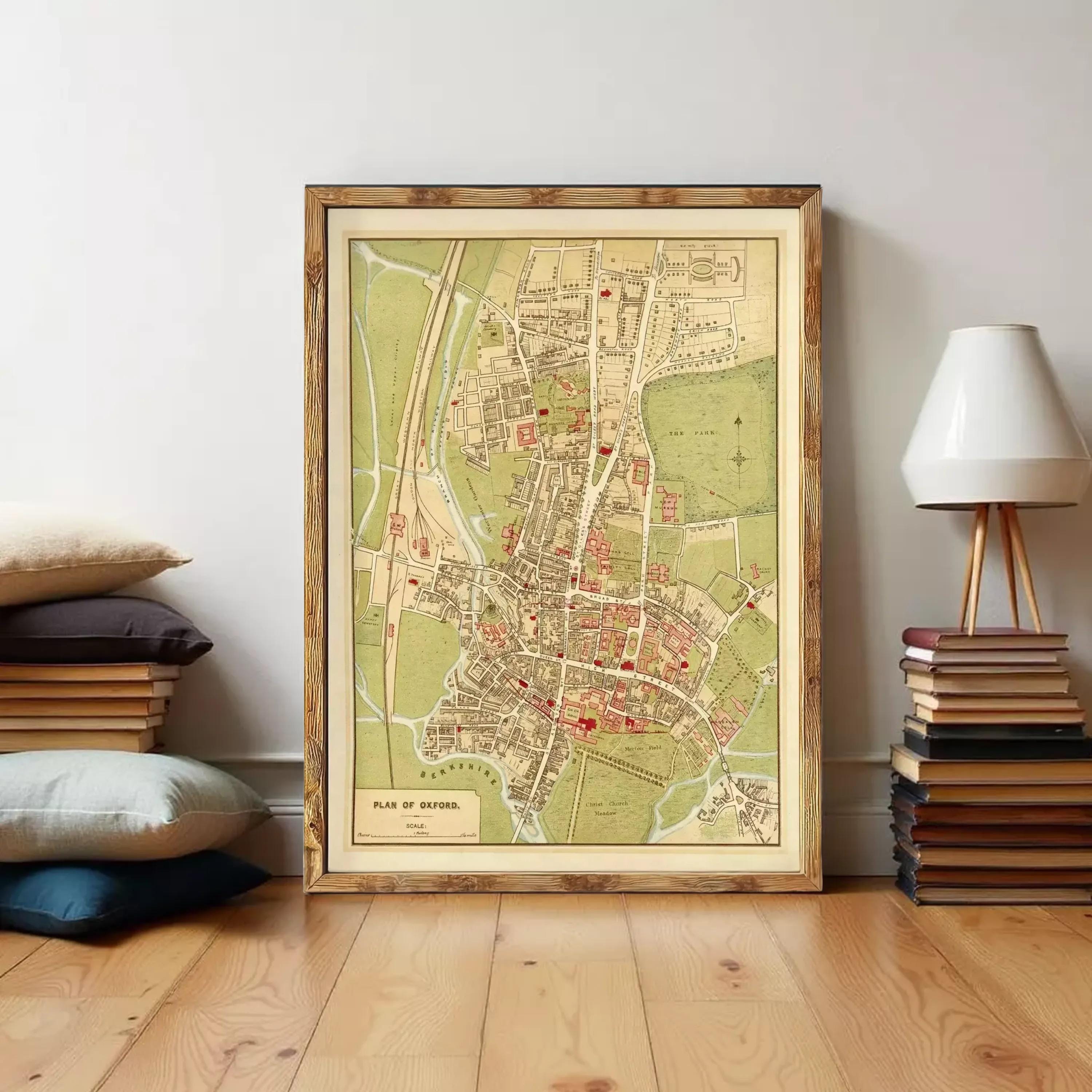 The image is a framed vintage map of a city, depicting a detailed layout of streets, buildings, and other urban features.