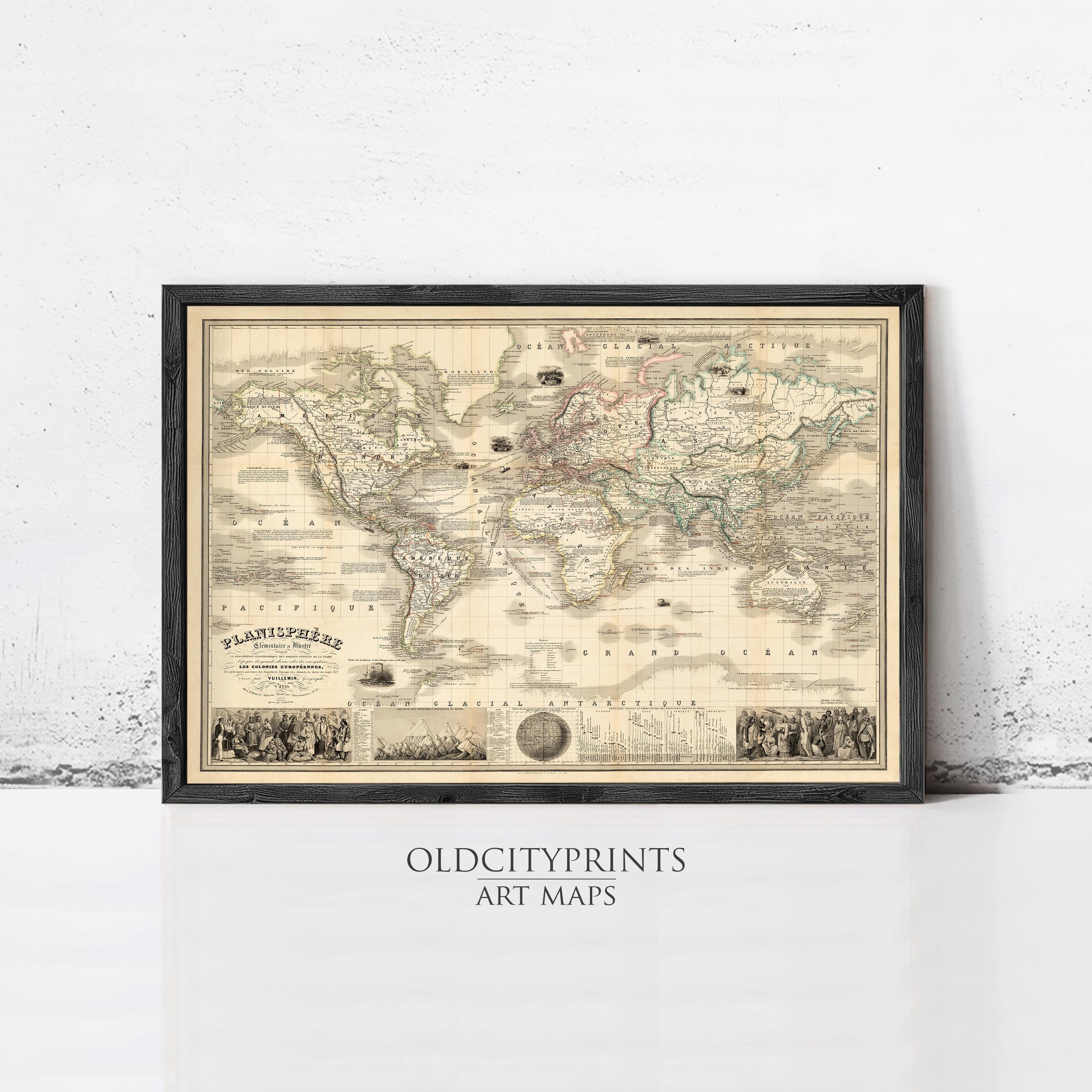 The image is a framed vintage world map from the year 1820, depicting the continents and oceans in a detailed and intricate manner.