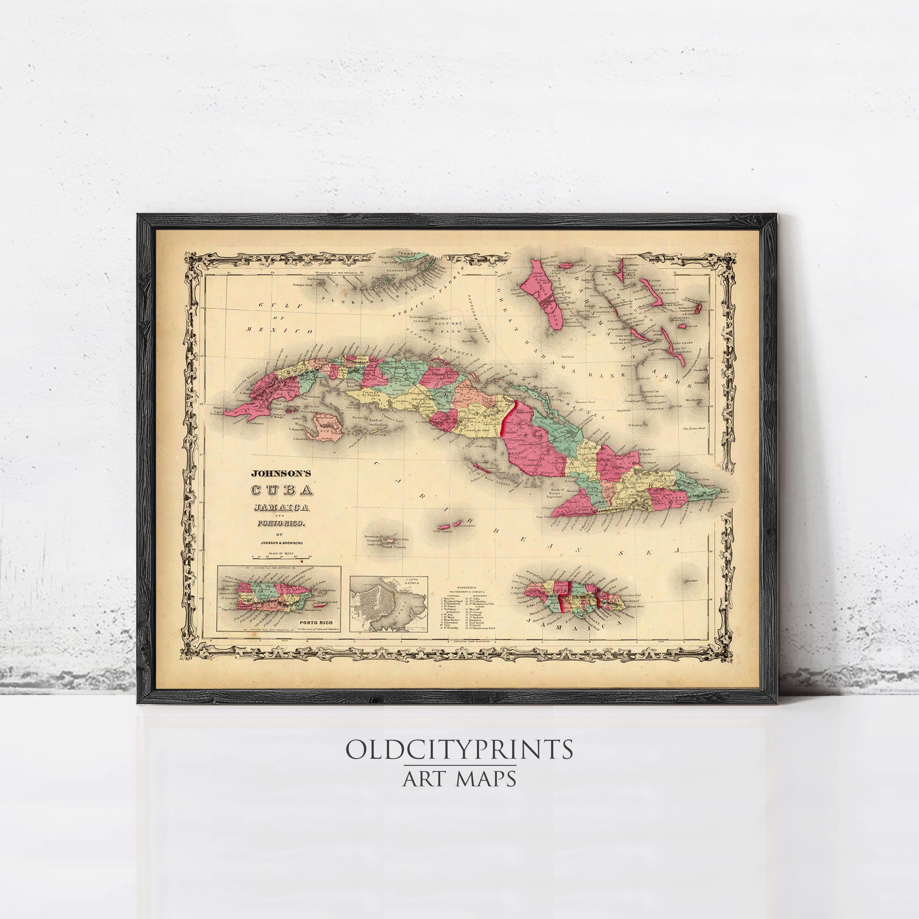 The image is a framed vintage map of Cuba, depicting the country in a detailed and colorful manner.