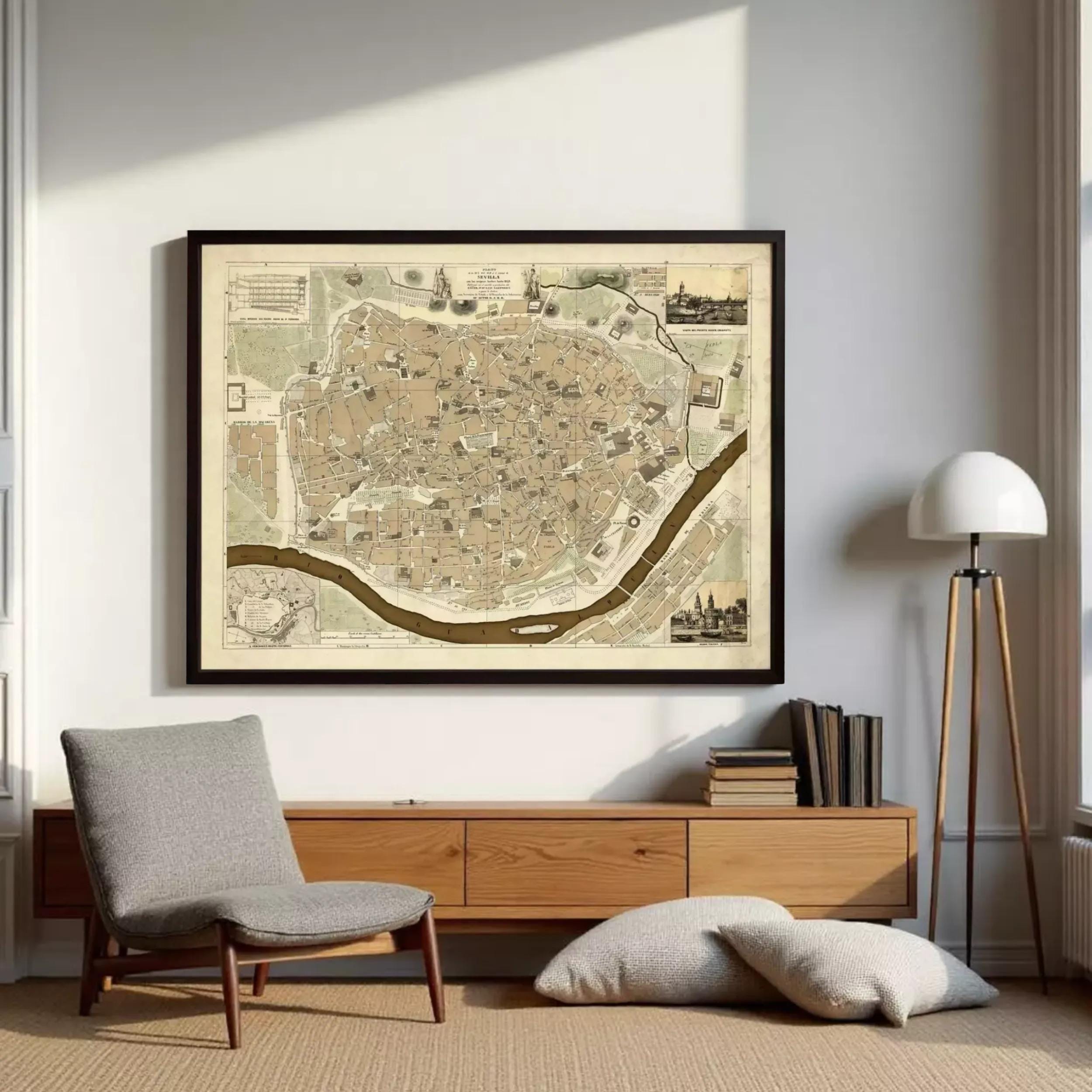 The image is a framed map of a city, likely a historical or geographical map, displayed on a white wall.