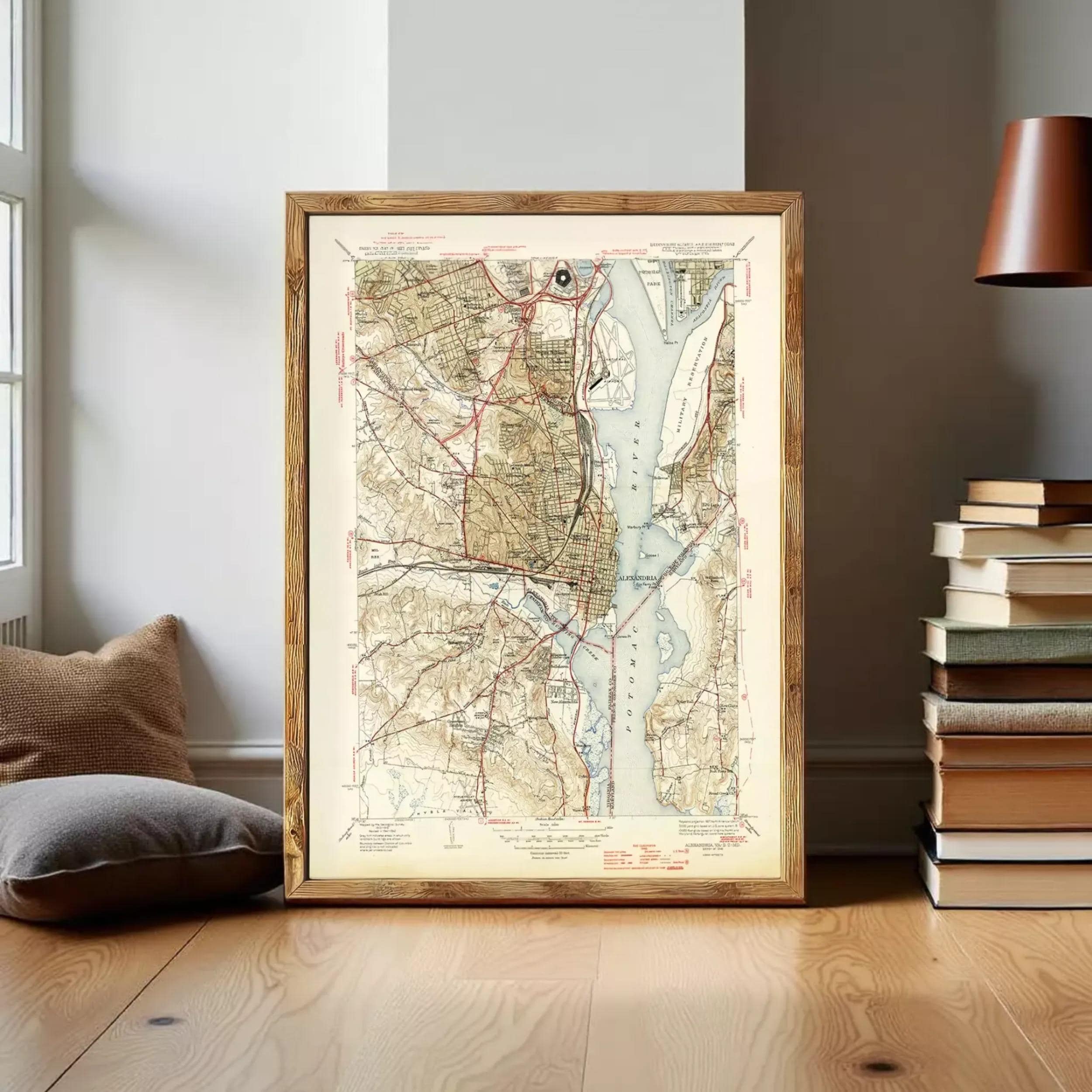 The image is a framed vintage map of the Washington, D.C. area, depicting the city's streets, waterways, and surrounding landscape.