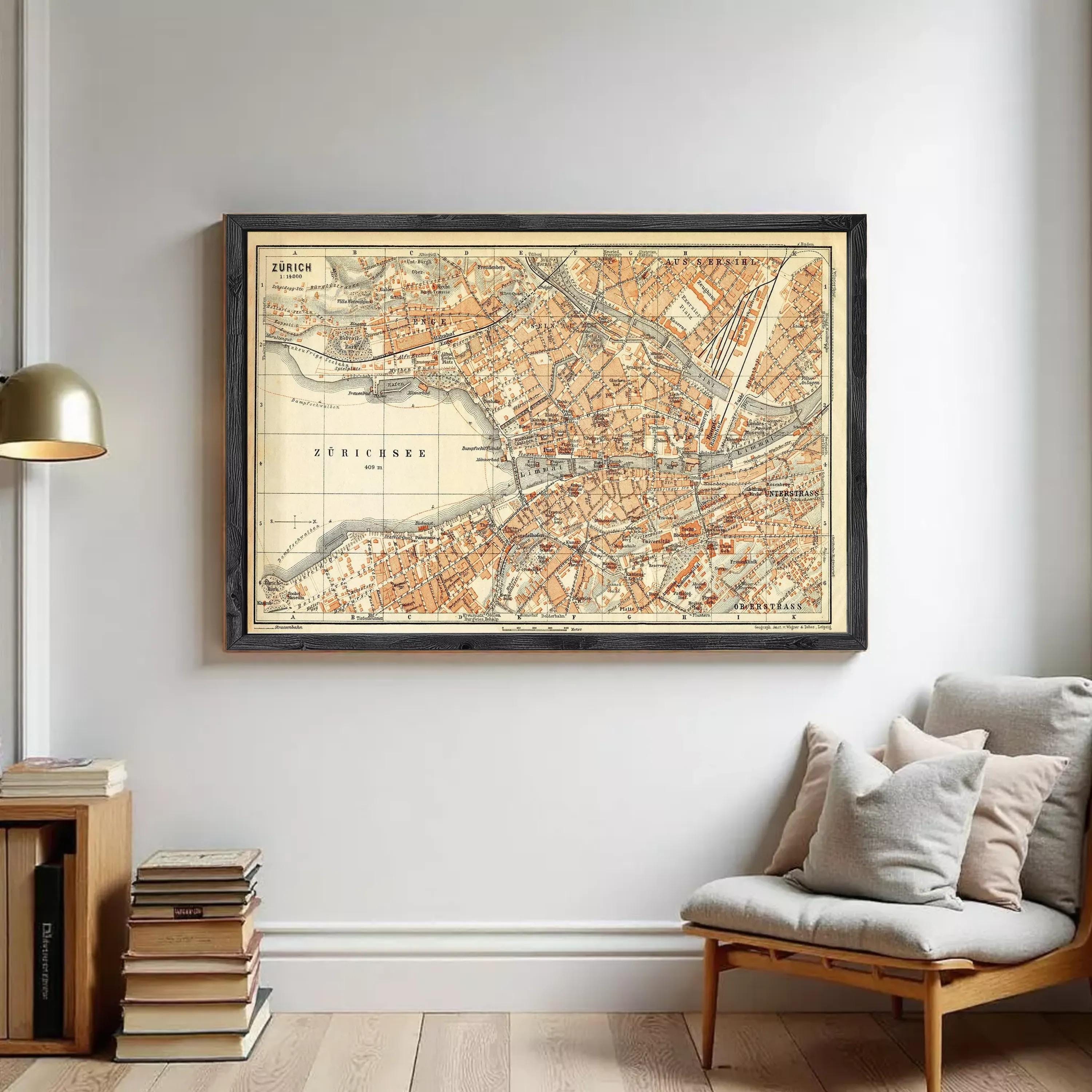 The image is a framed vintage map of the city of Zürich, Switzerland, depicting the city's streets, landmarks, and surrounding areas.