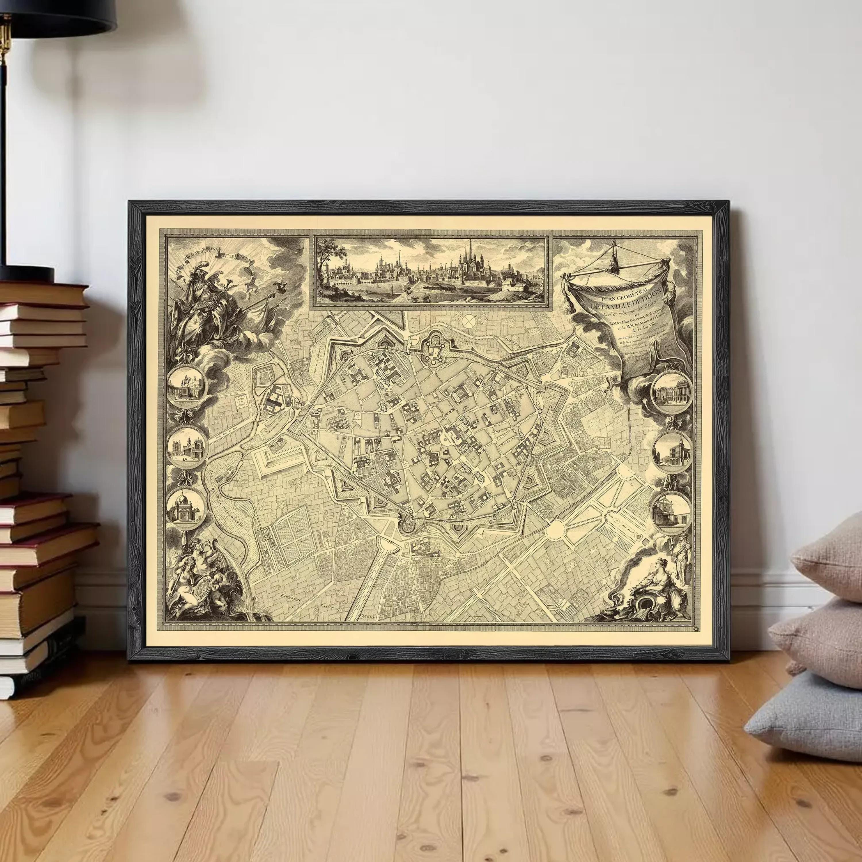 The image is a framed antique map of a city, depicting a detailed layout of the streets and surrounding areas.