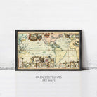 The image is a framed vintage map of the world, depicting various landmarks and geographical features.