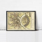 The image is a framed historical map of Dresden, Germany, depicting the city's layout and surrounding areas.