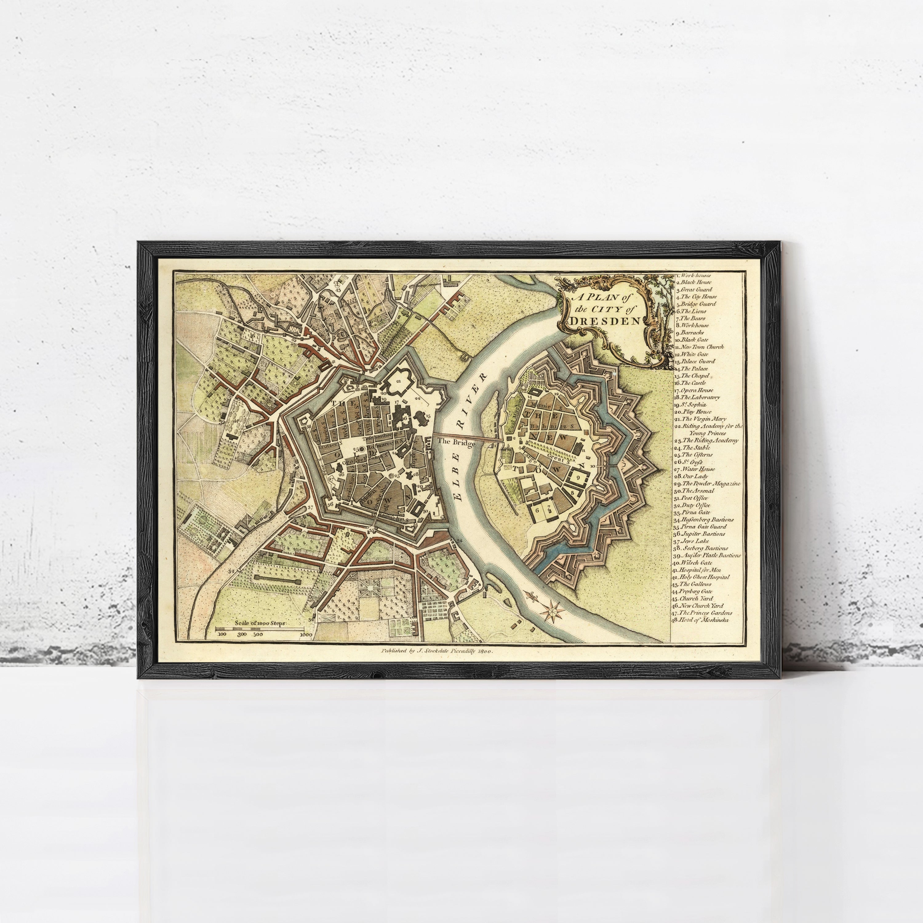 The image is a framed historical map of Dresden, Germany, depicting the city's layout and surrounding areas.