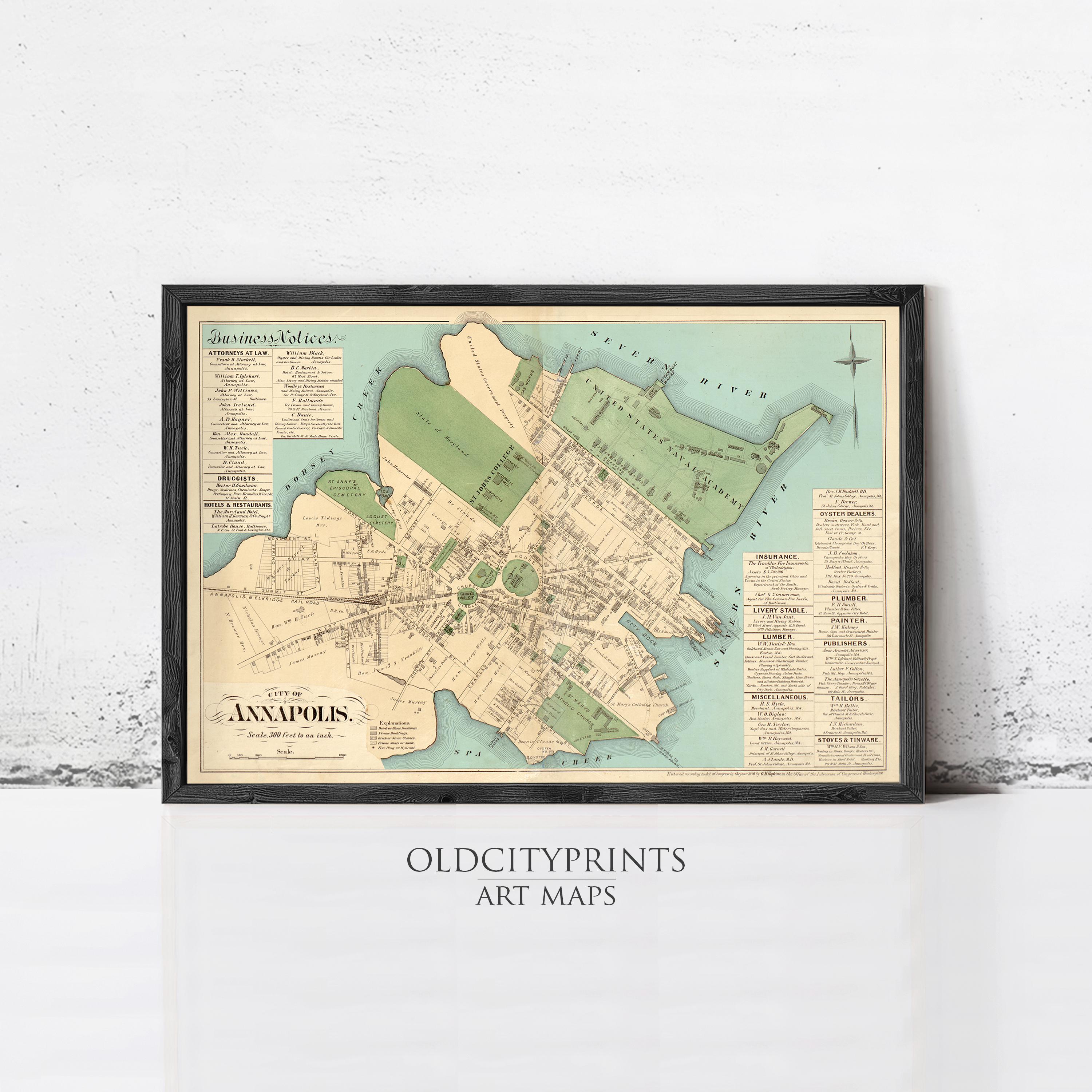 The image is a framed antique map of Annapolis, Maryland, with a vintage appearance.